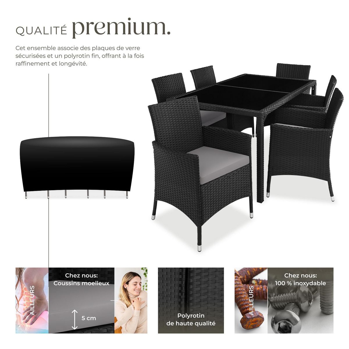 tectake Salon de jardin pour 6 personnes noir/gris