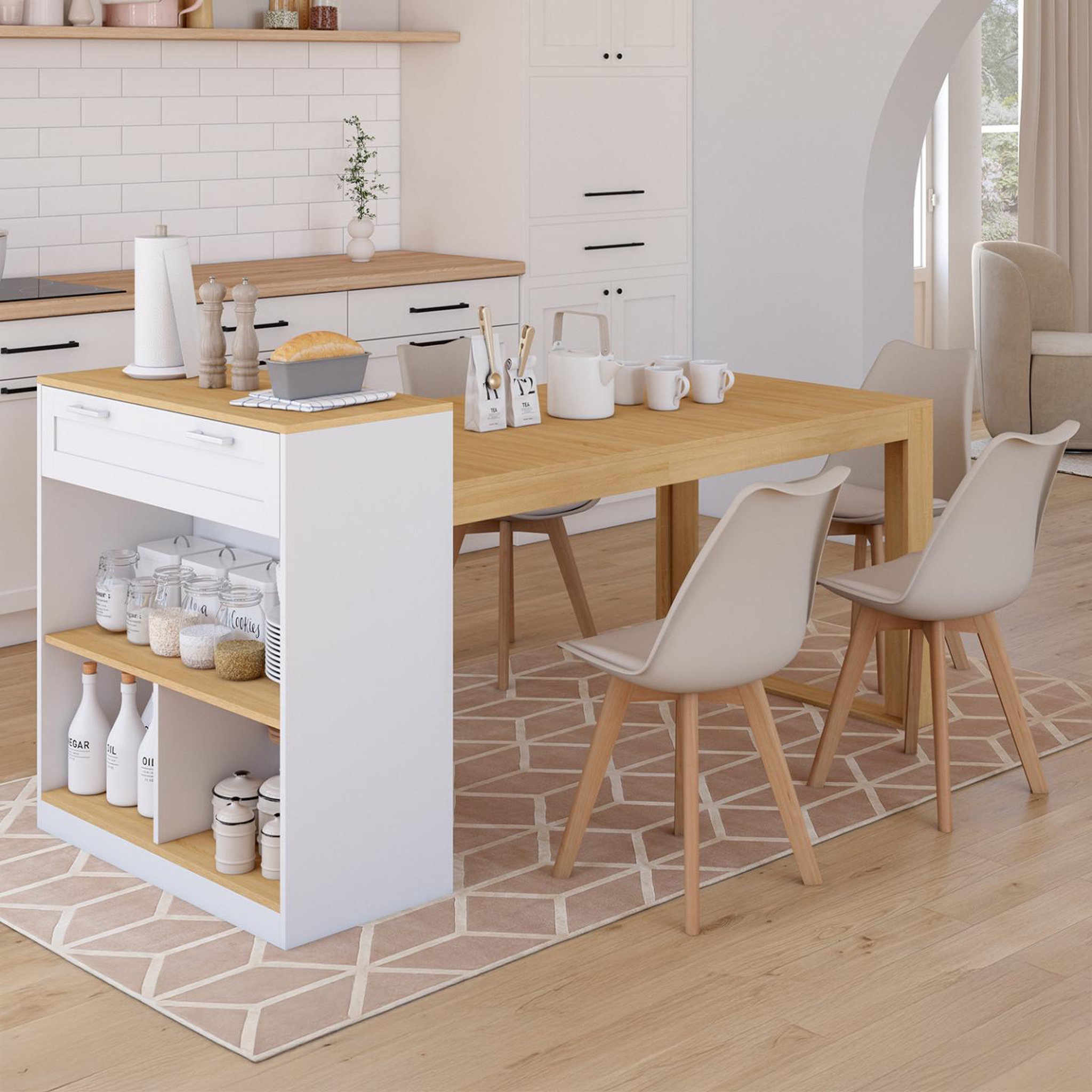 Voir la diapositive 2 : ID MARKET Ilot central avec table à manger 5 personnes gary 190 cm blanc et plateau bois