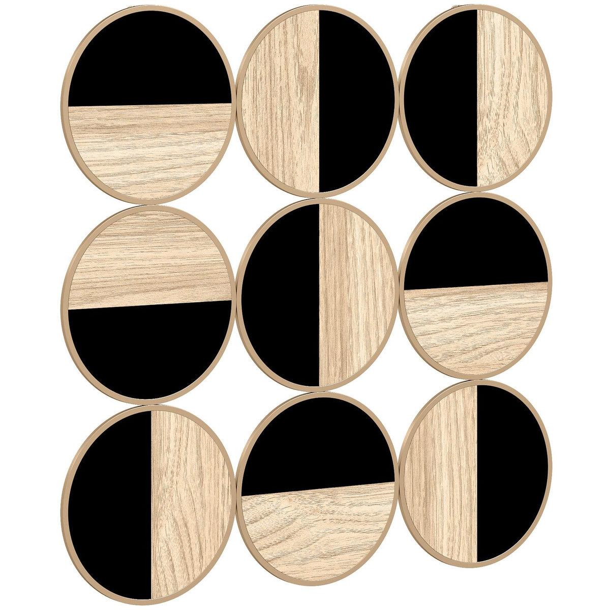 HOMCOM Décoration murale métal doré géométrique 9 disques 60 x 60 cm bicolore effet bois naturel noir