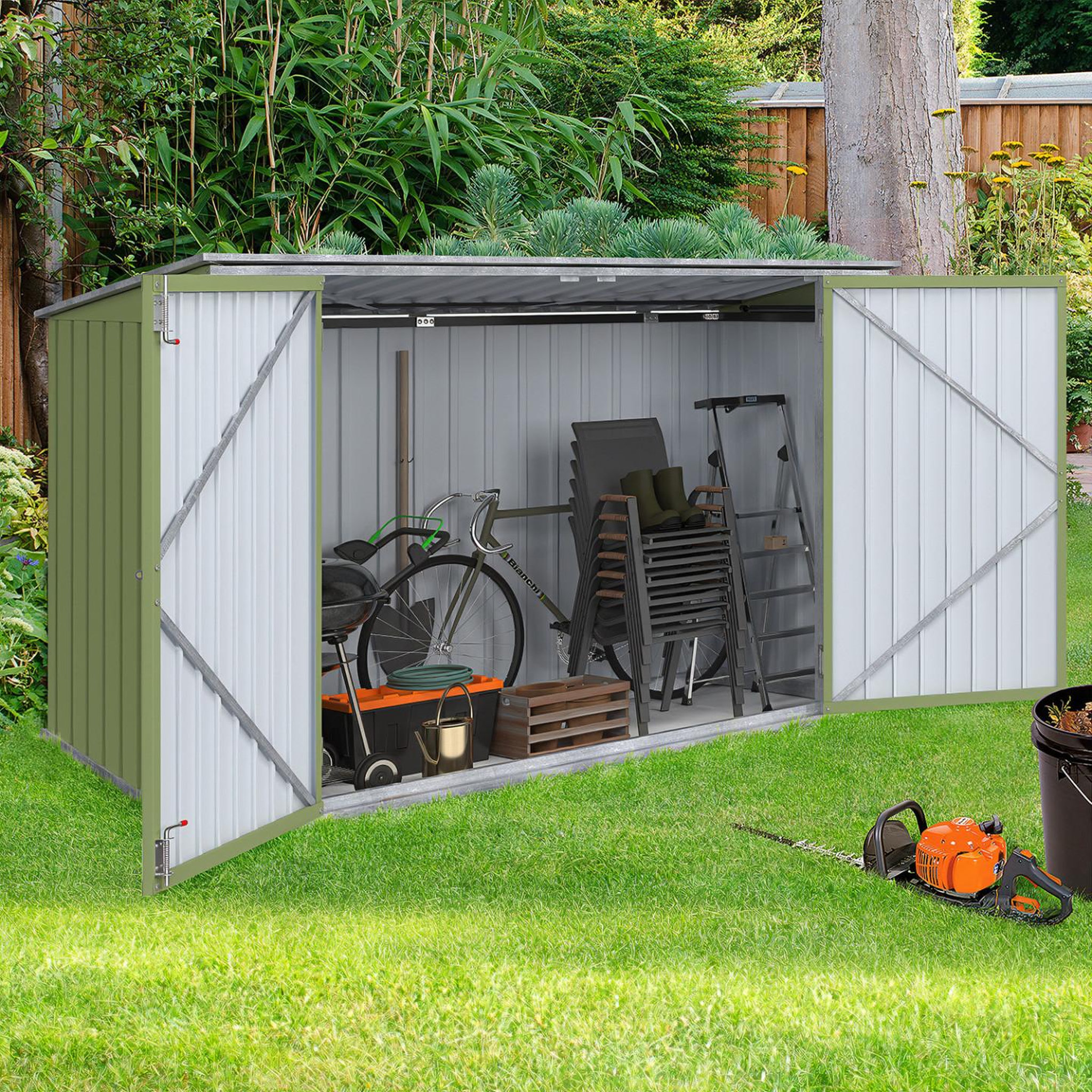 Voir la diapositive 3 : ID MARKET Abri de jardin en métal vert olive verrouillable multi-rangement pour stockage vélos, outils, poubelles