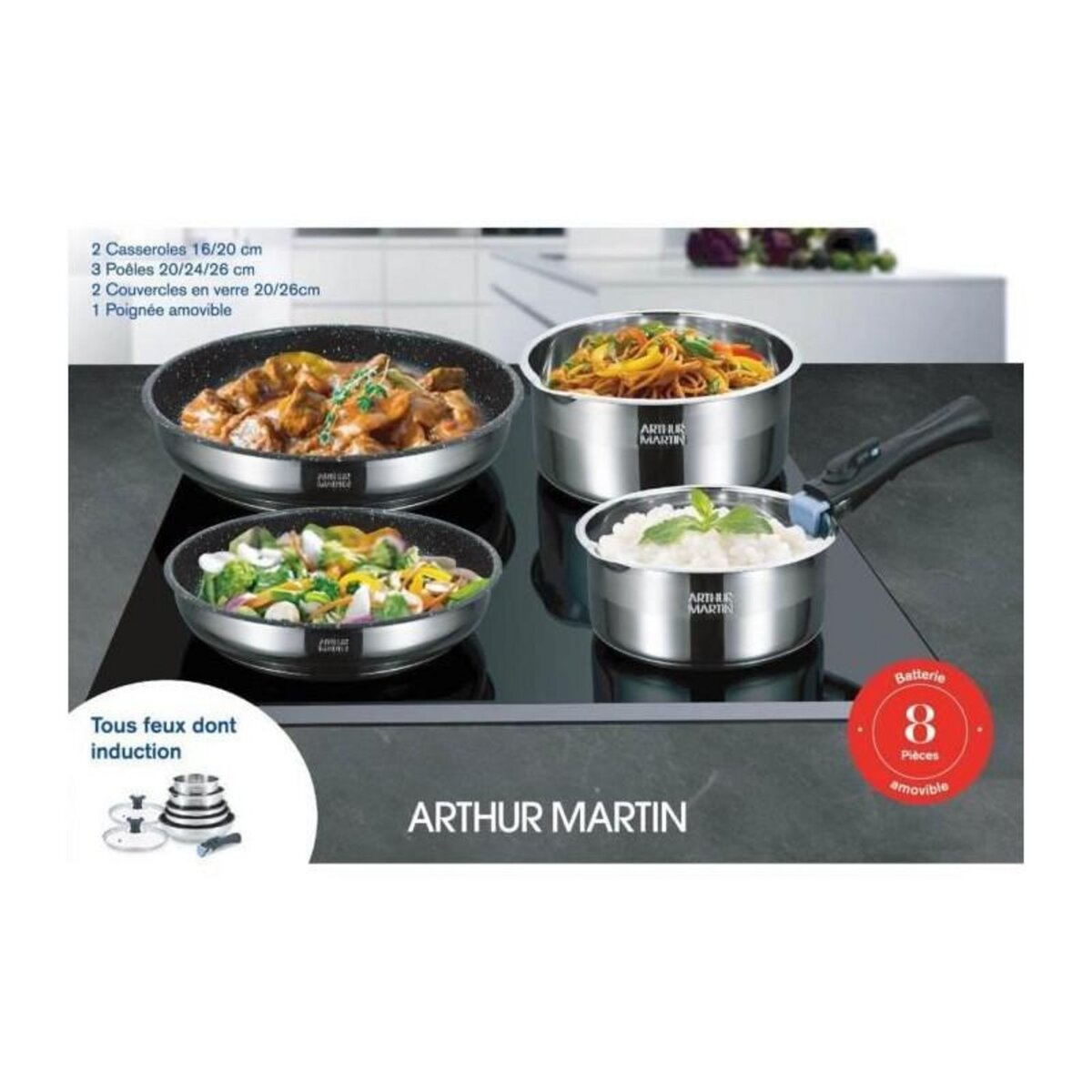 Arthur Martin Batterie de cuisine Arthur Martin AM2493 8 pieces - Acier Inoxydable - Poignée amovible - Tous feux dont induction