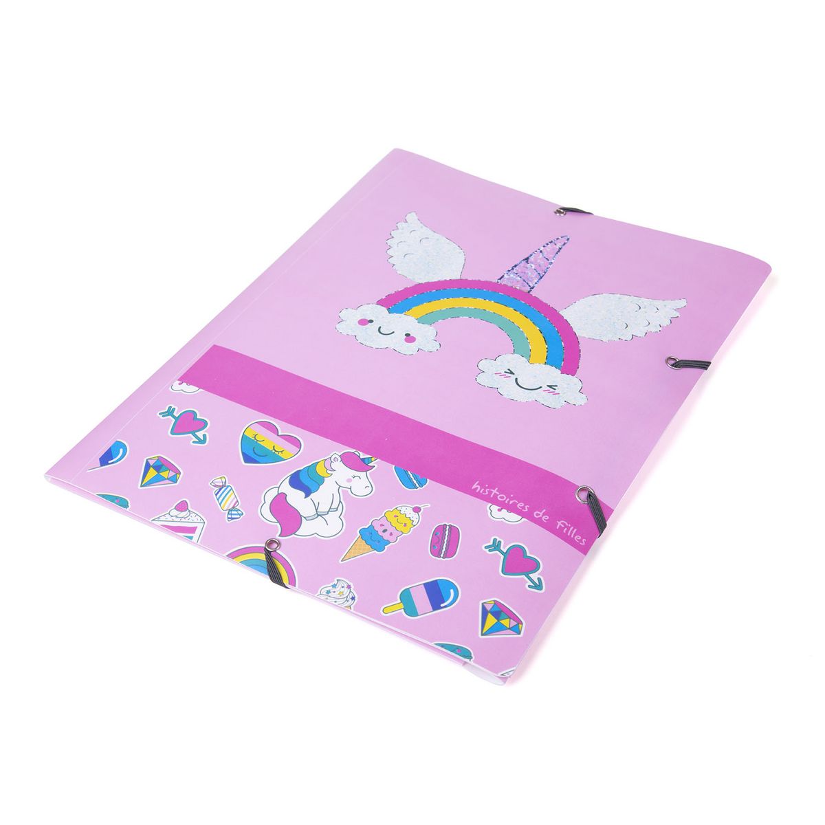 pochettes 3 rabats à élastique 24 x 32 cm multicolore histoires de filles rose licorne