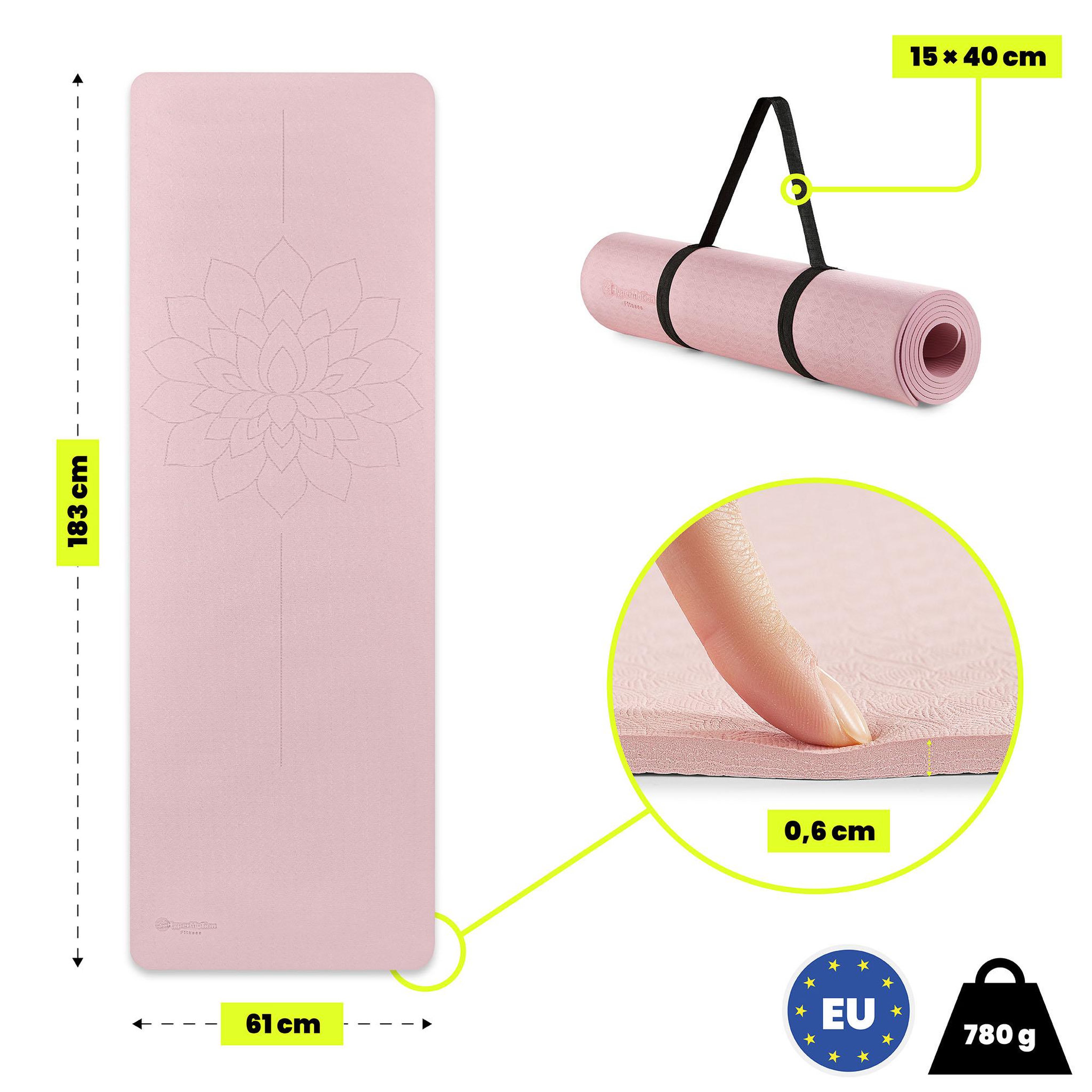 Voir la diapositive 4 : HYPERMOTION Tapis yoga fitness HyperMotion Lotos TPE 6 mm 183x61 cm rose avec sangle