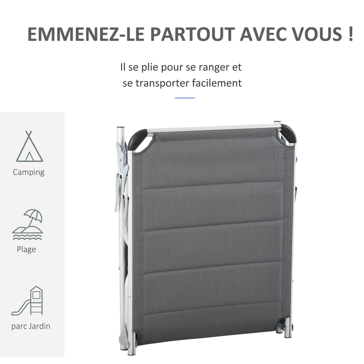 OUTSUNNY Bain de soleil transat pliable dossier réglable multi-positions matelassage tétière alu textilène gris