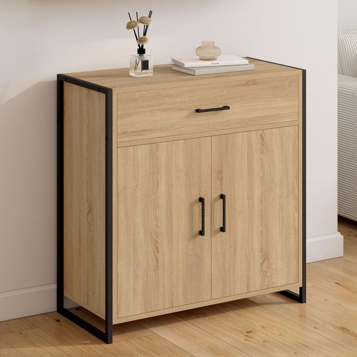 ID MARKET Armoire à chaussures 12 paires LUIS 2 portes avec tiroir design industriel