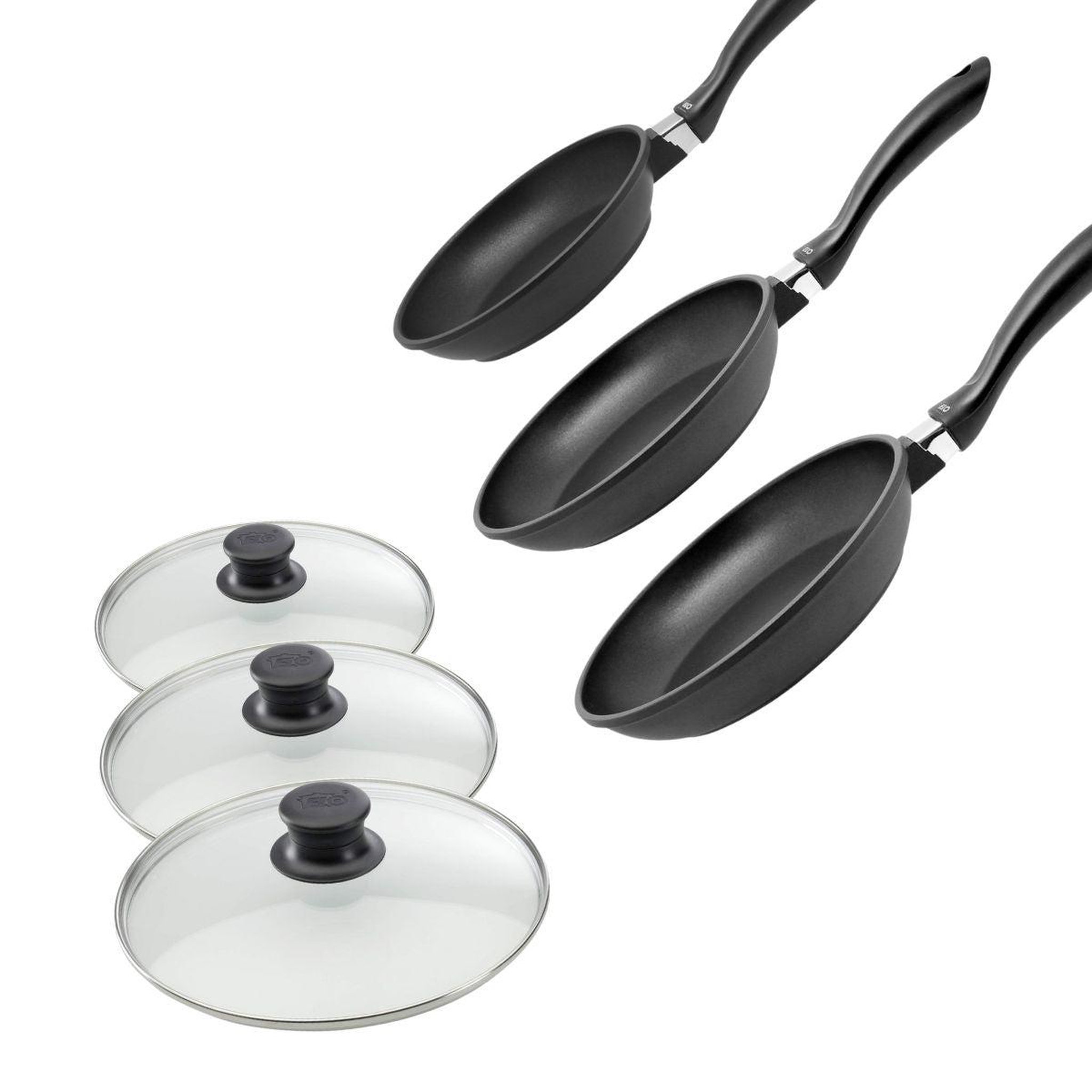 ELO Set de 3 poêles 20, 24 et 28 cm et 3 couvercles sans pfas elo alucast
