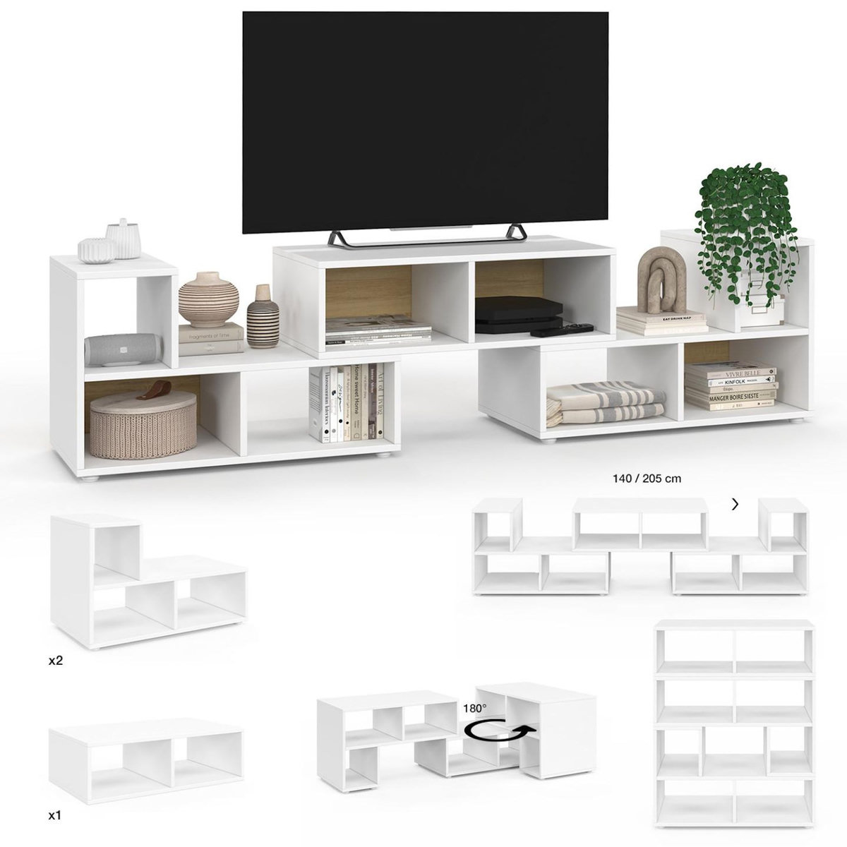 ID MARKET Meuble TV combiné 3 pièces modulables LEONARD pour salon chambre et bureau, 140-205 x 30 x 43 cm