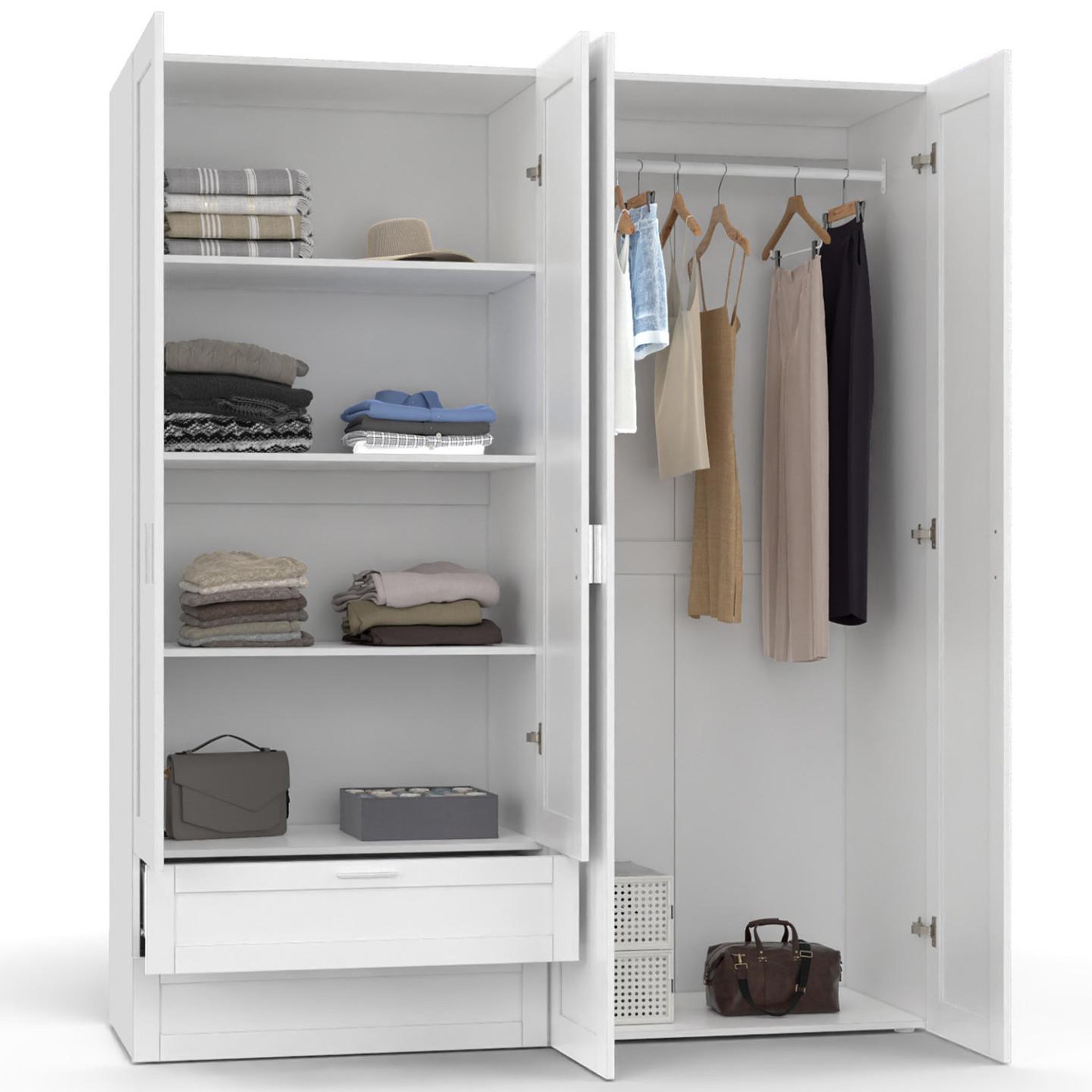 Voir la diapositive 3 : ID MARKET Armoire 4 portes vito blanc penderie 160 cm avec 2 tiroirs et étagères