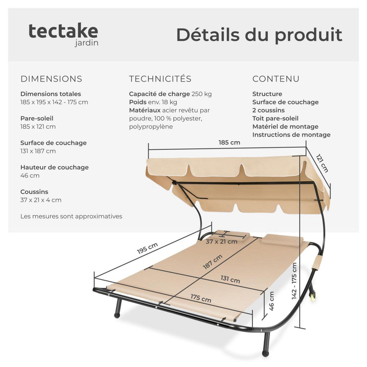 tectake Transat en acier pour 2 personnes noir/beige