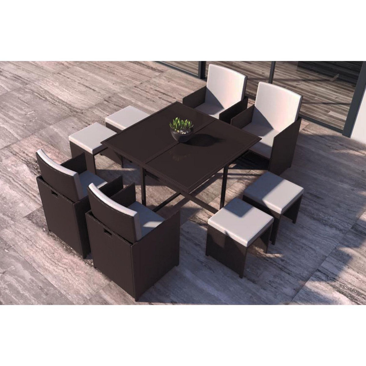 CONCEPT USINE Salon de jardin encastrable Marron-Blanc 8 places FLORIDA