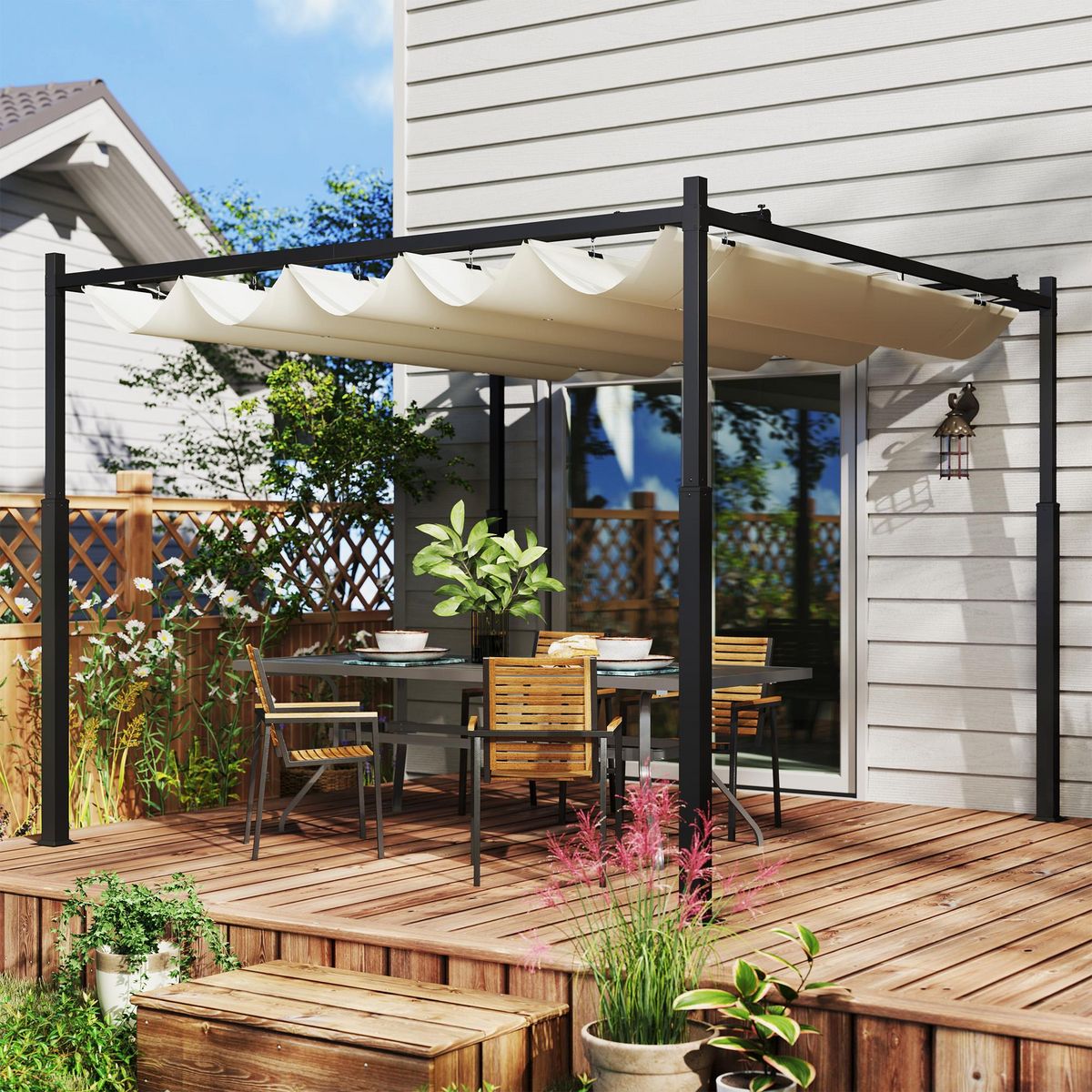 OUTSUNNY Pergola rétractable 3 x 3 m acier époxy noir polyester haute densité 180 g/m² UPF30+ crème