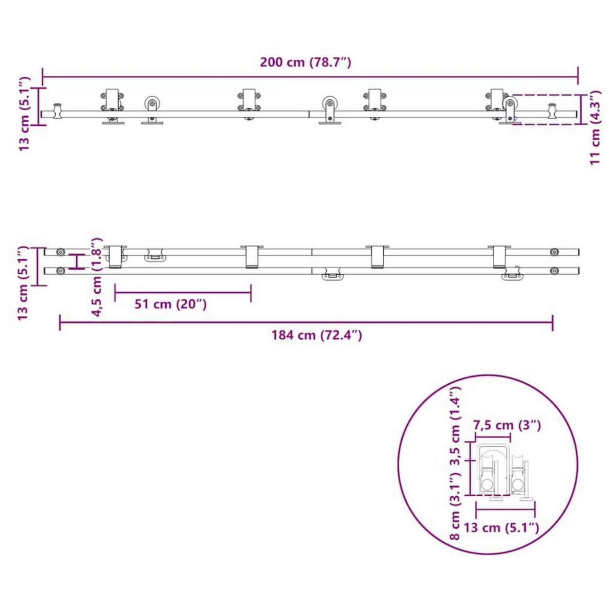 VIDAXL Kit fixation porte coulissante 200 cm Acier inoxydable Argente