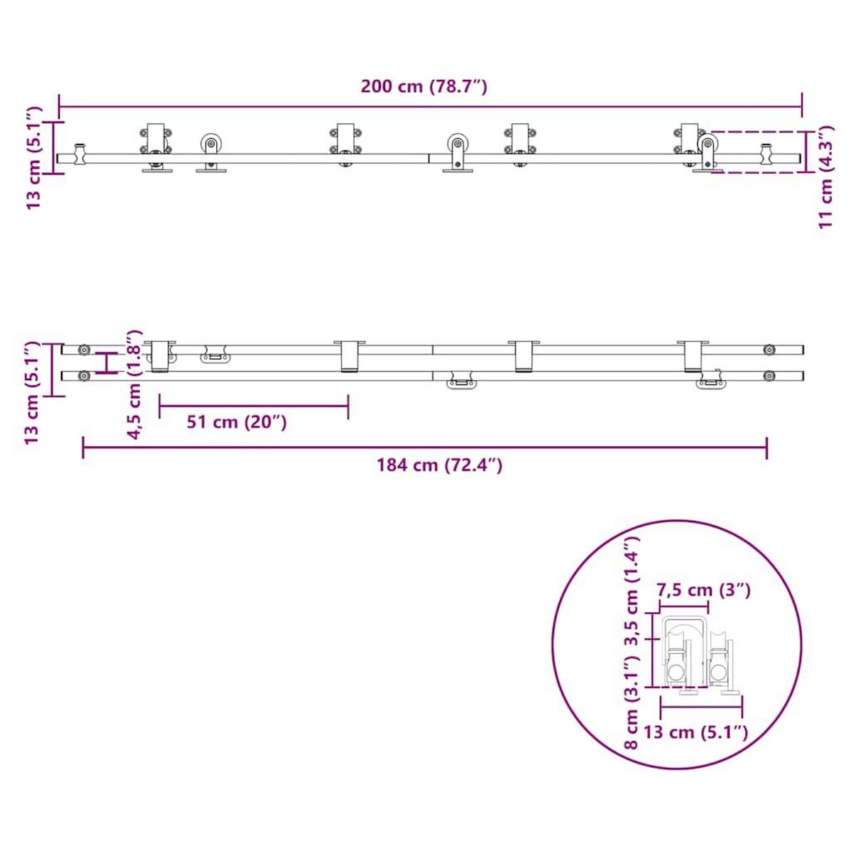 VIDAXL Kit fixation porte coulissante 200 cm Acier inoxydable Argente