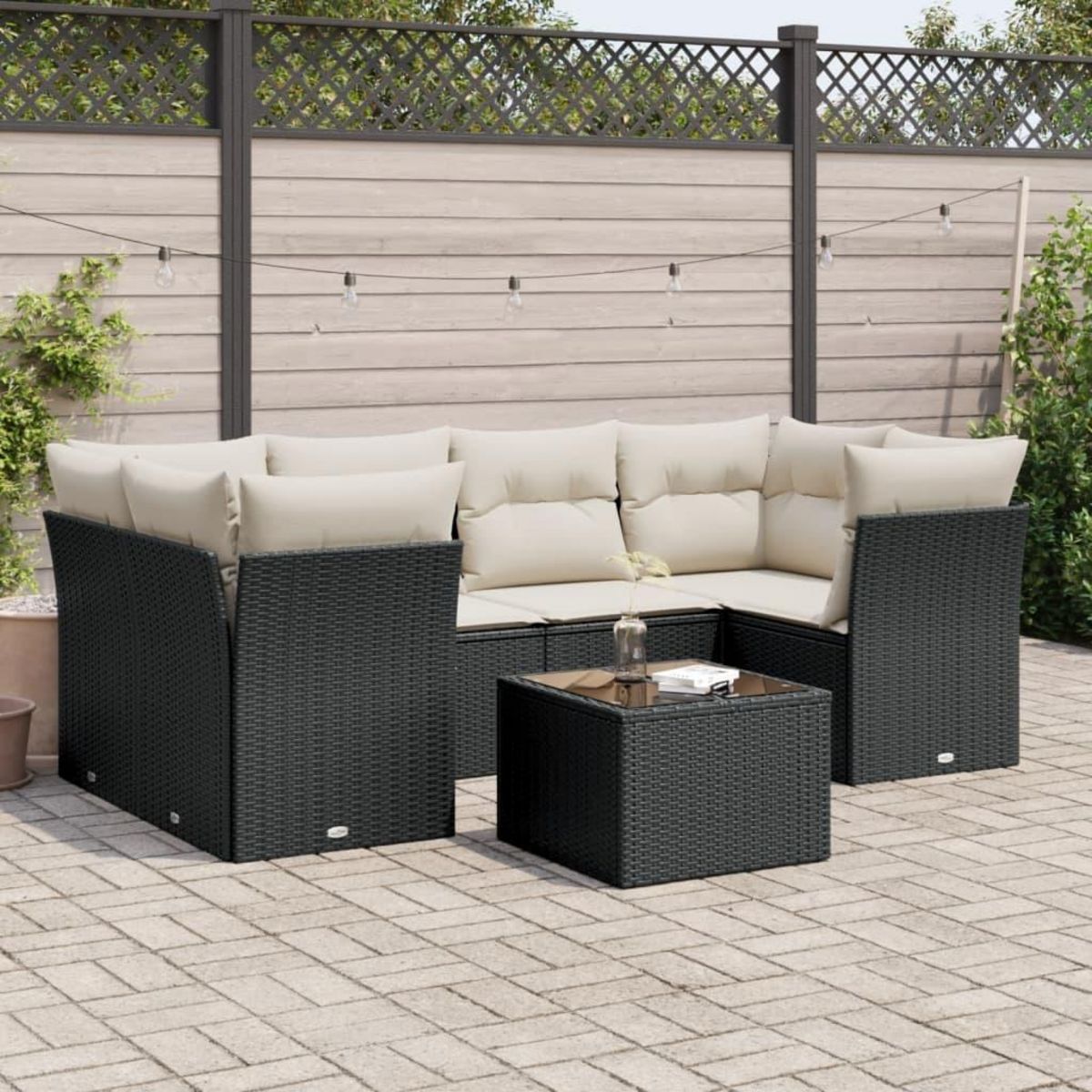 VIDAXL Salon de jardin 7 pcs avec coussins noir resine tressee