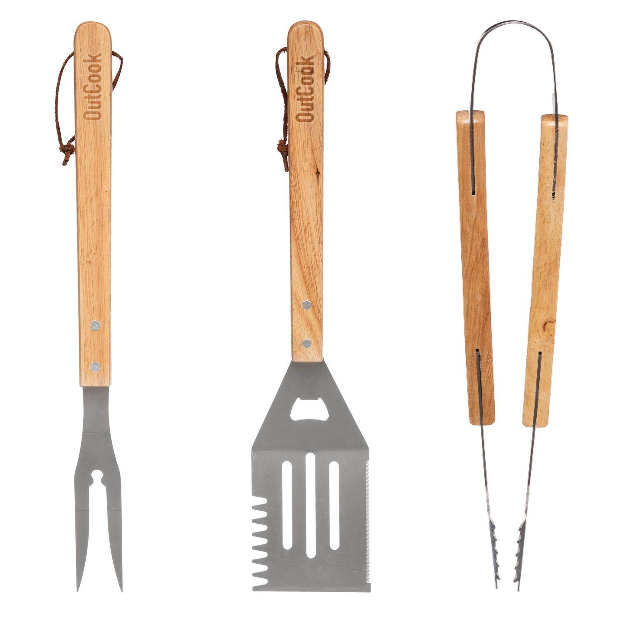 Voir la diapositive 1 : NEKA 3 Ustensiles pour barbecue en inox et manche en bois