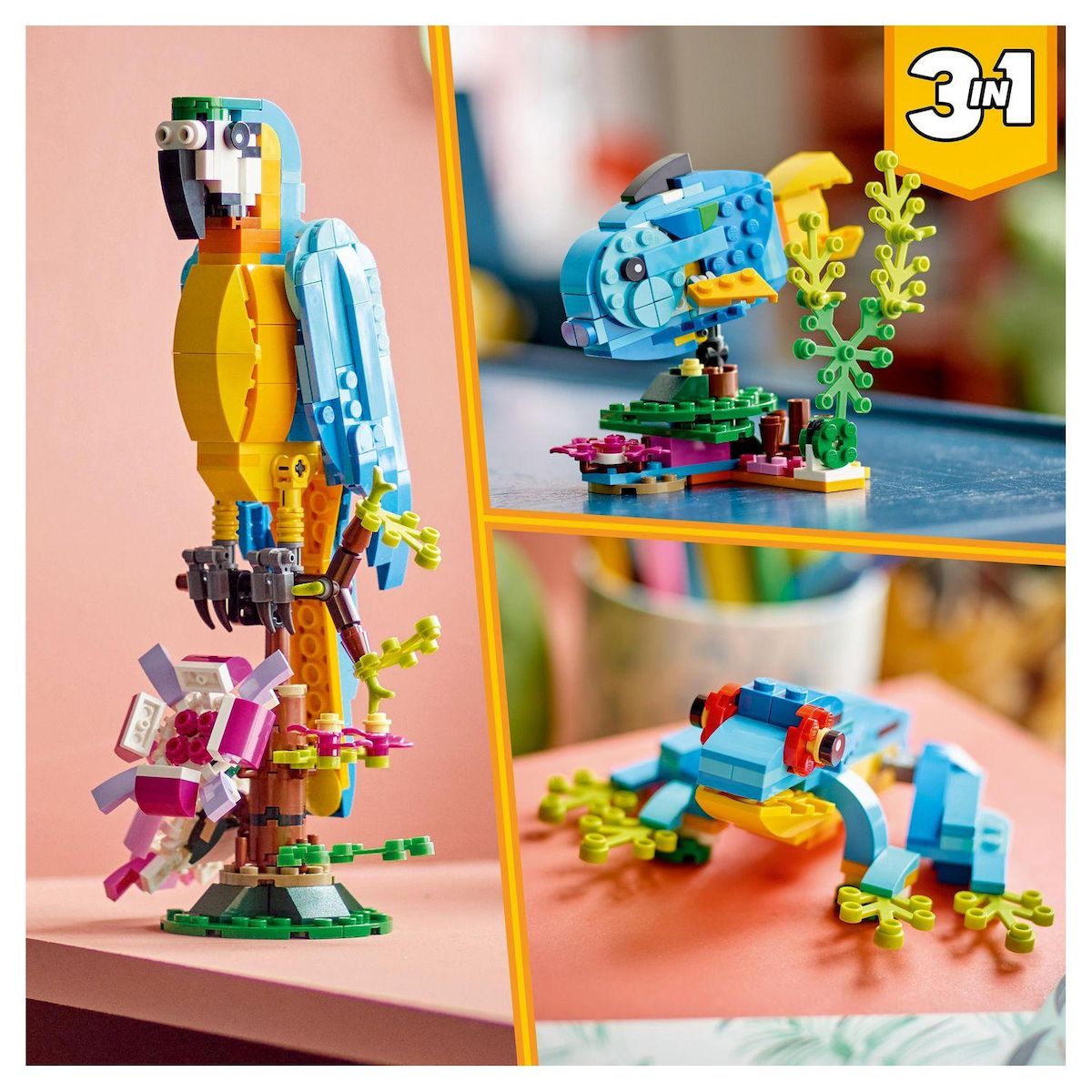 LEGO Creator  31136 - Le perroquet exotique, Jouet de Construction, Figurines Animaux de la Jungle, avec Grenouille et Poisson