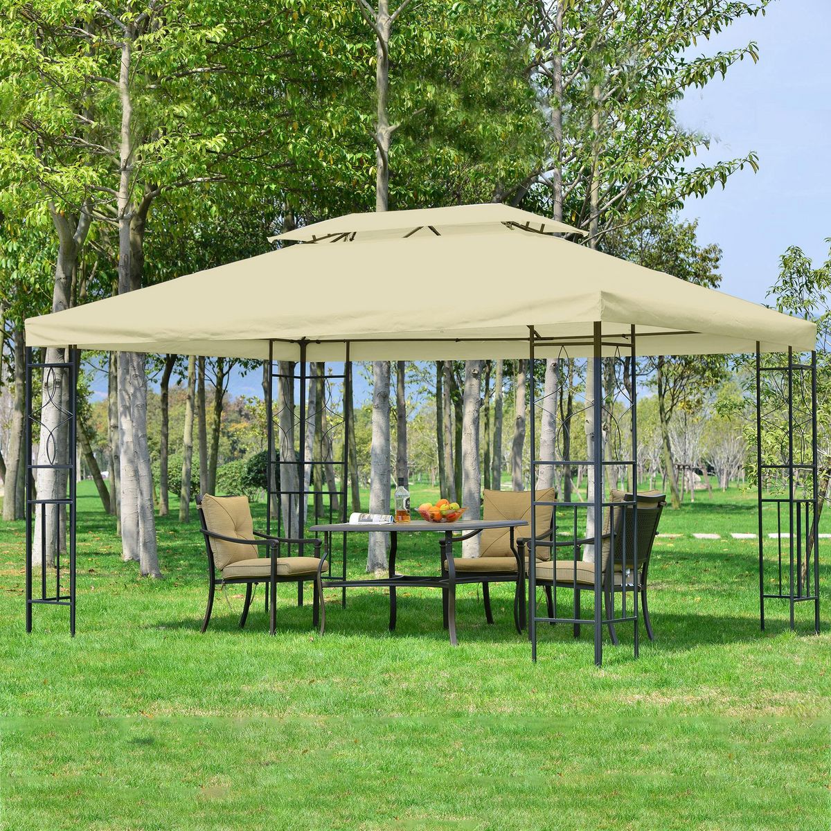 HOMCOM HOMCOM Tonnelle Pavillon de jardin barnum style colonial double toit 4 x 3 m acier crème