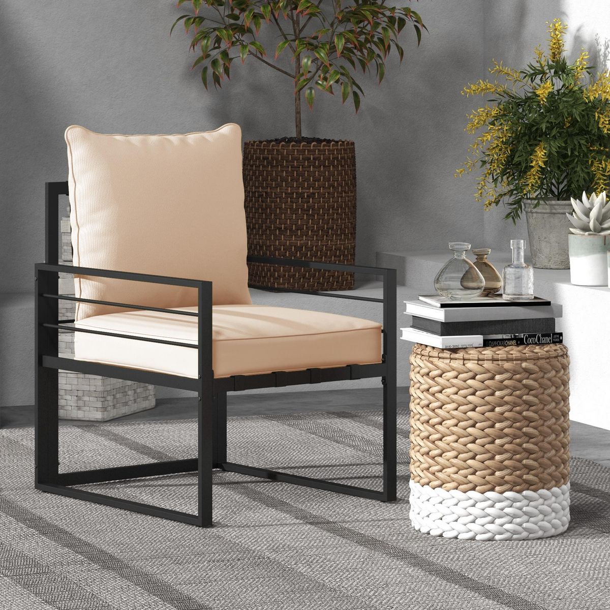 OUTSUNNY Lot de 2 coussins matelas assise dossier pour chaise de jardin fauteuil polyester beige