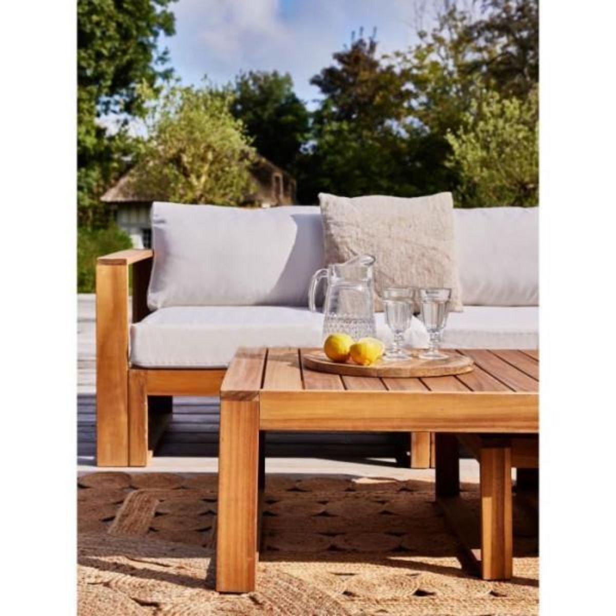 BOCARNEA Salon de jardin d'angle modulable - Bois d'acacia - 5 personnes - LEVATA OTTOMAN - Blanc cassé + Housse