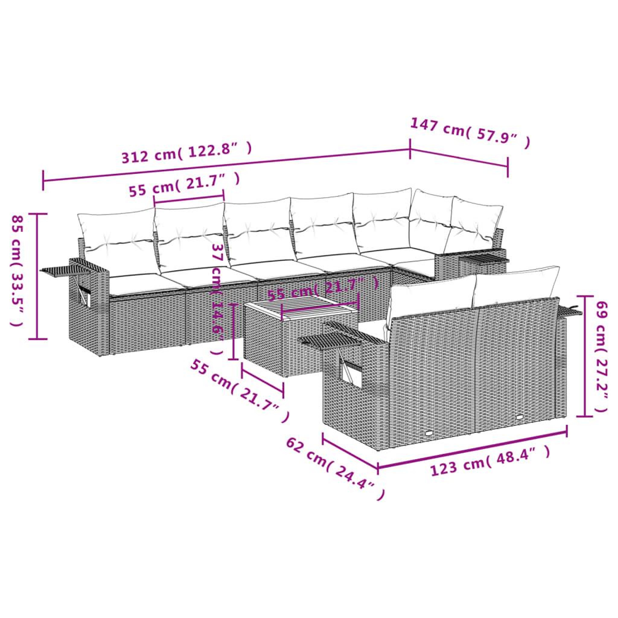Voir la diapositive 3 : VIDAXL Salon de jardin avec coussins 9pcs melange beige resine tressee