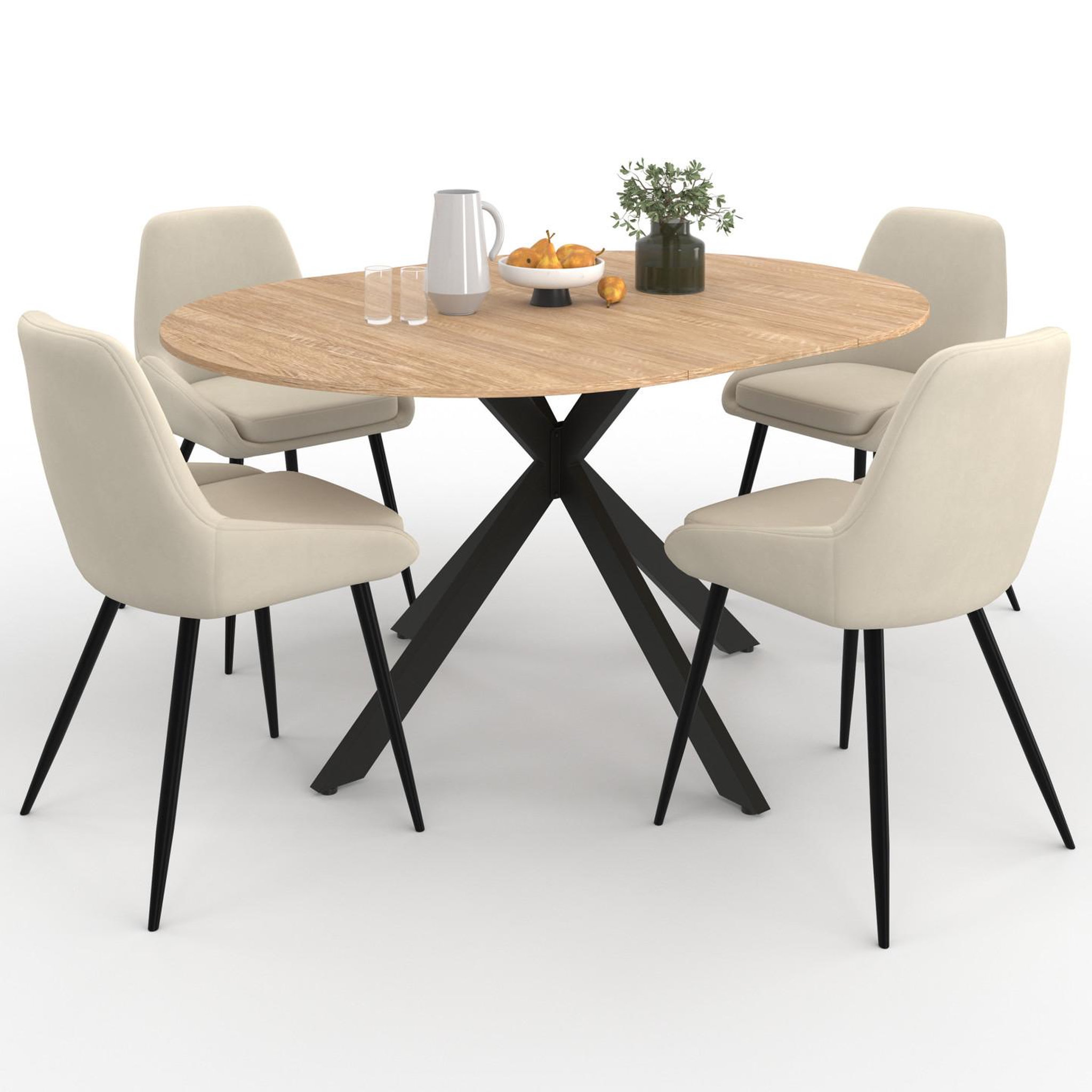 ID MARKET Ensemble table à manger extensible ronde alix bois et noir 110-150 cm et 4 chaises thalya velours beige