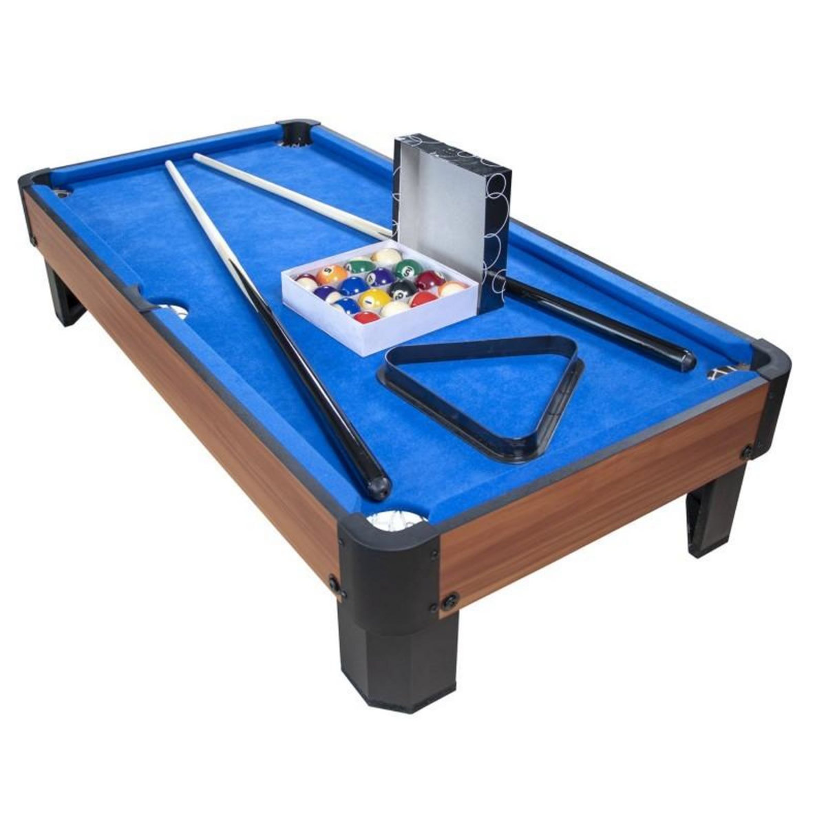 PLAY4FUN Billard de table avec accessoires - Kit Billard Compact de bureau ou salle de jeu, 102 x 51 x 22,5 cm - Marron et Tapis Bleu