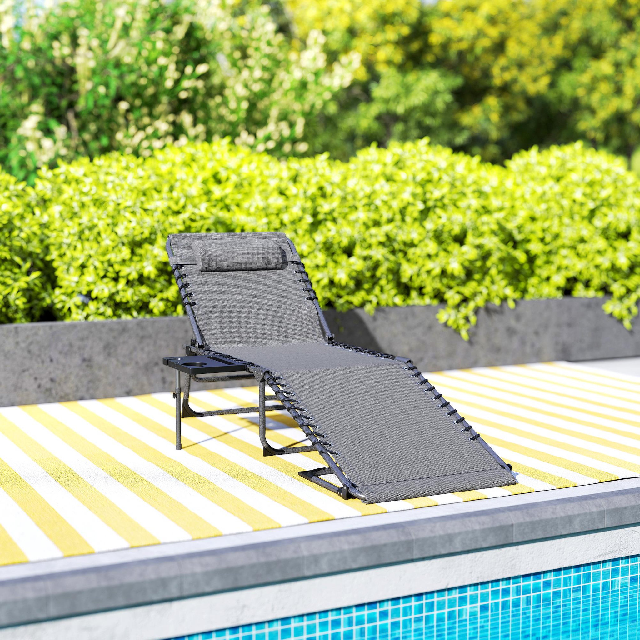 Voir la diapositive 4 : OUTSUNNY Bain de soleil transat pliable inclinable avec poignée, plateau et pochette rangement acier oxford gris