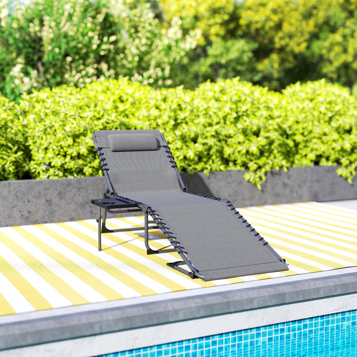 OUTSUNNY Bain de soleil transat pliable inclinable avec poignée, plateau et pochette rangement acier oxford gris