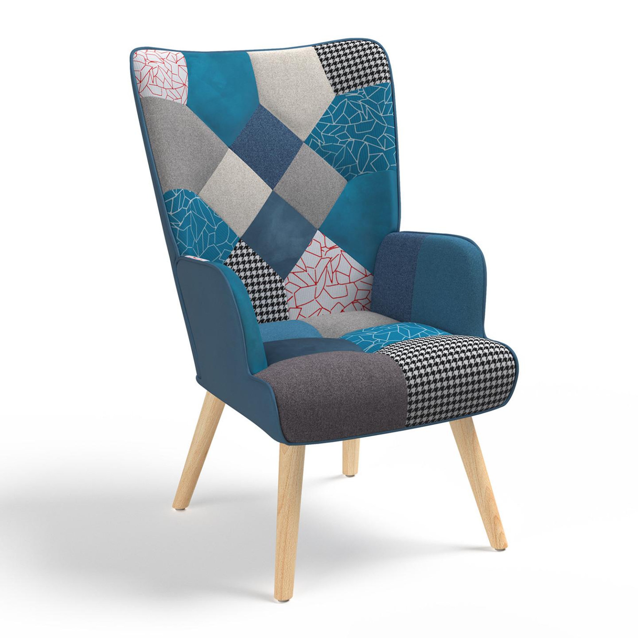 ID MARKET Fauteuil scandinave ivar en tissu patchwork et velours bleu