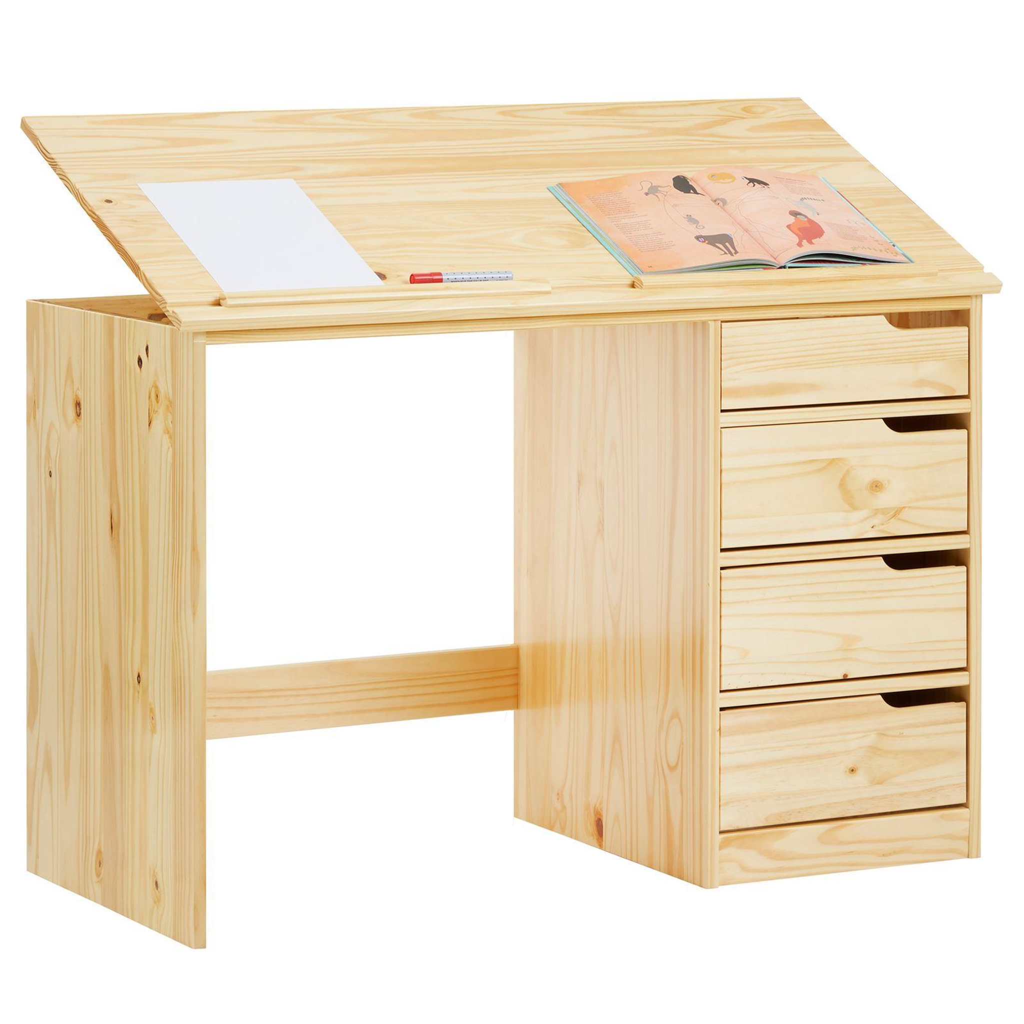 Voir la diapositive 5 : IDIMEX Bureau enfant EMMA, en pin massif, 4 tiroirs et plateau inclinable