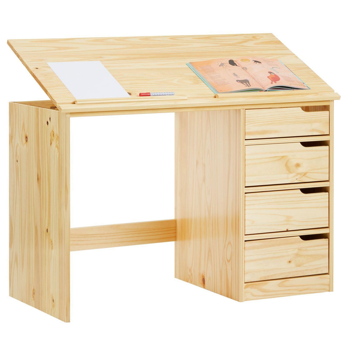 IDIMEX Bureau enfant EMMA, en pin massif, 4 tiroirs et plateau inclinable