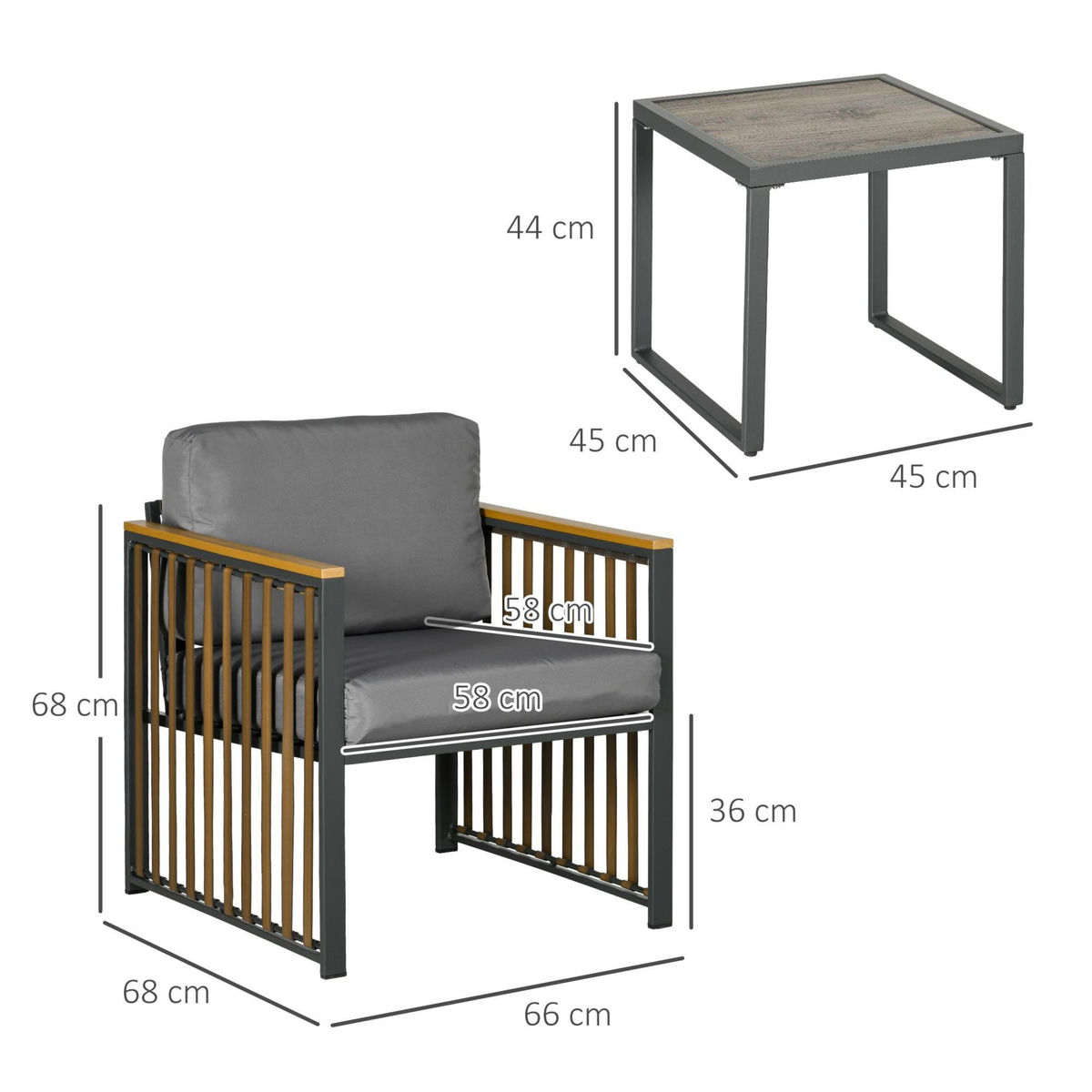 OUTSUNNY Ensemble salon de jardin 3 pièces style colonial 2 fauteuils coussins gris table basse métal noir résine filaire marron
