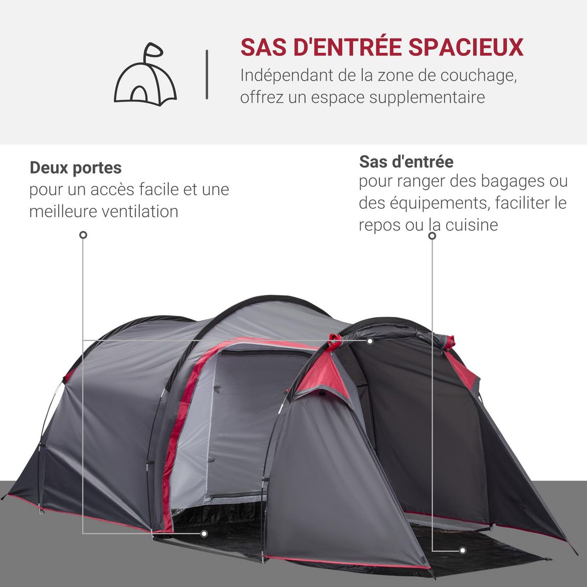 OUTSUNNY Tente de camping 2-3 personnes montage facile 3 portes fenêtres dim. 4,26L x 2,06l x 1,54H m fibre verre polyester PE gris