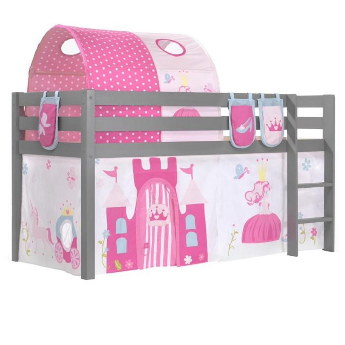 Paris Prix Pack - Lit Enfant Surélevé, Tente, 3 Pochettes & Tunnel  Pino Princesse  Gris