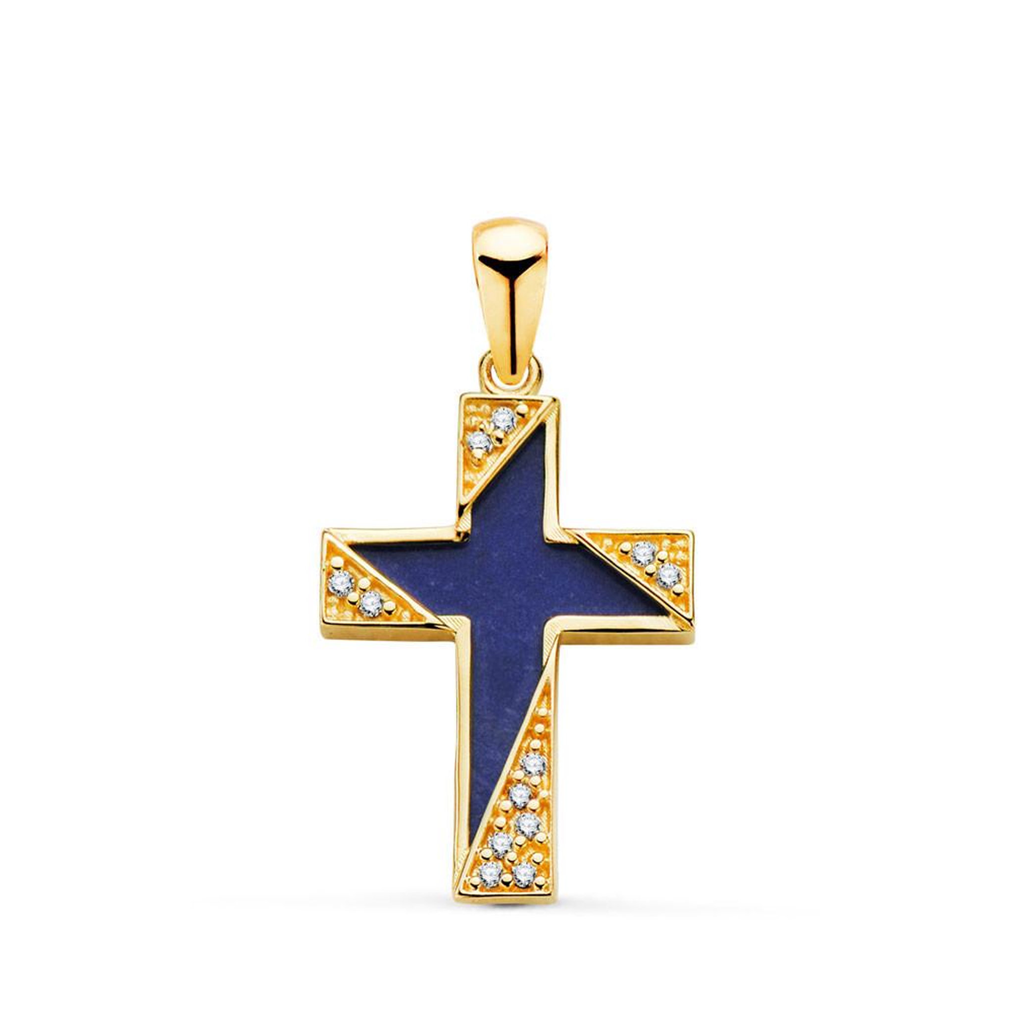 L'ATELIER D'AZUR Pendentif  - Médaille Croix Or 18 Carats 750 Jaune - Lapis Lazuli et Zirconiums - Chaine Offerte
