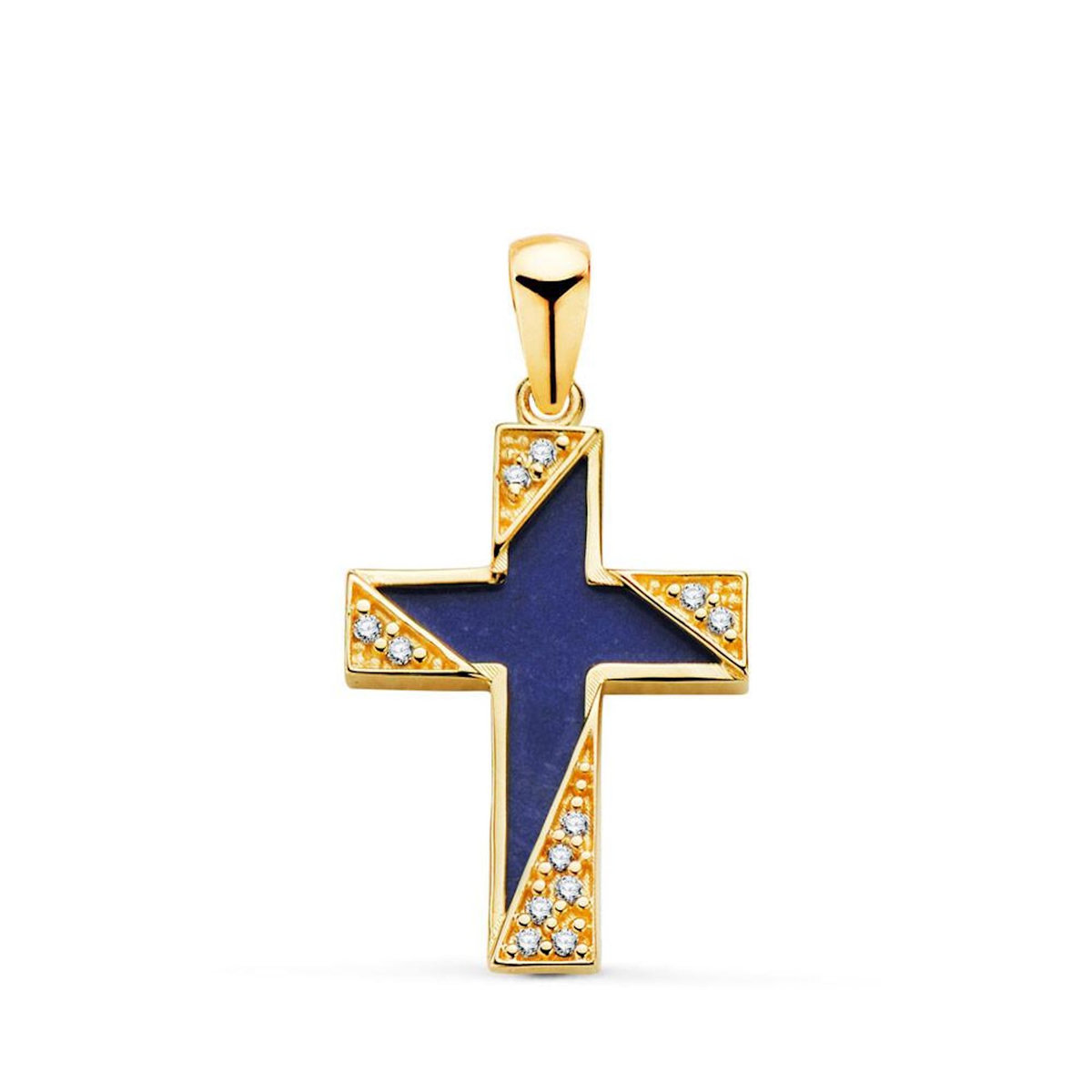L'ATELIER D'AZUR Pendentif  - Médaille Croix Or 18 Carats 750 Jaune - Lapis Lazuli et Zirconiums - Chaine Offerte