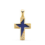 L'ATELIER D'AZUR Pendentif  - Médaille Croix Or 18 Carats 750 Jaune - Lapis Lazuli et Zirconiums - Chaine Offerte