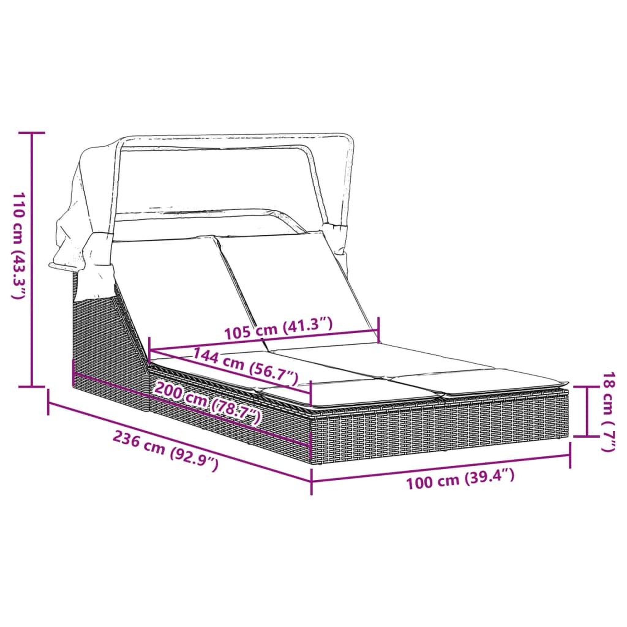 Voir la diapositive 6 : VIDAXL Chaise longue double et auvent et coussins gris resine tressee