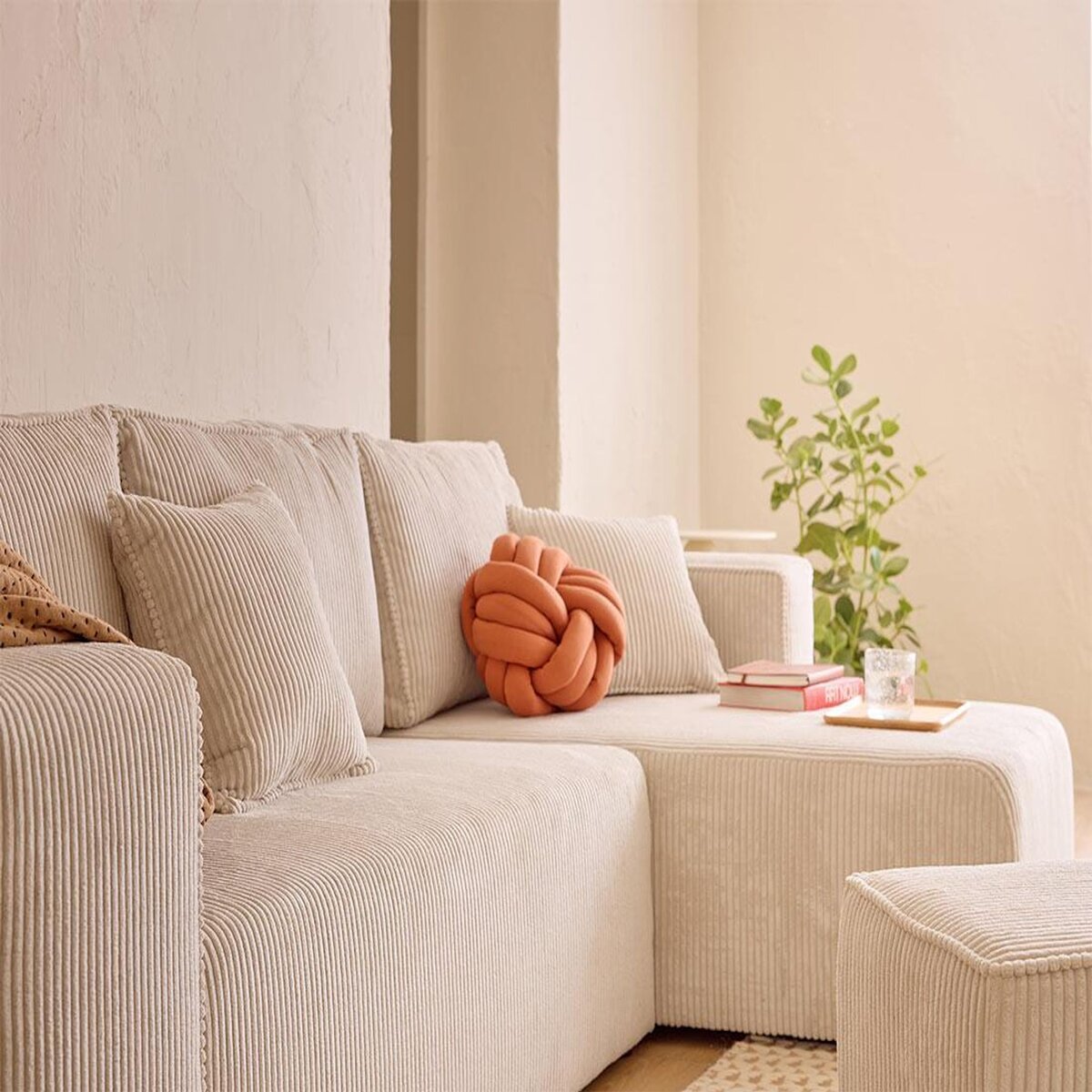 BEST MOBILIER Topaze - canapé d'angle réversible 4 places - convertible avec coffre, tablette et poufs - en velours côtelé