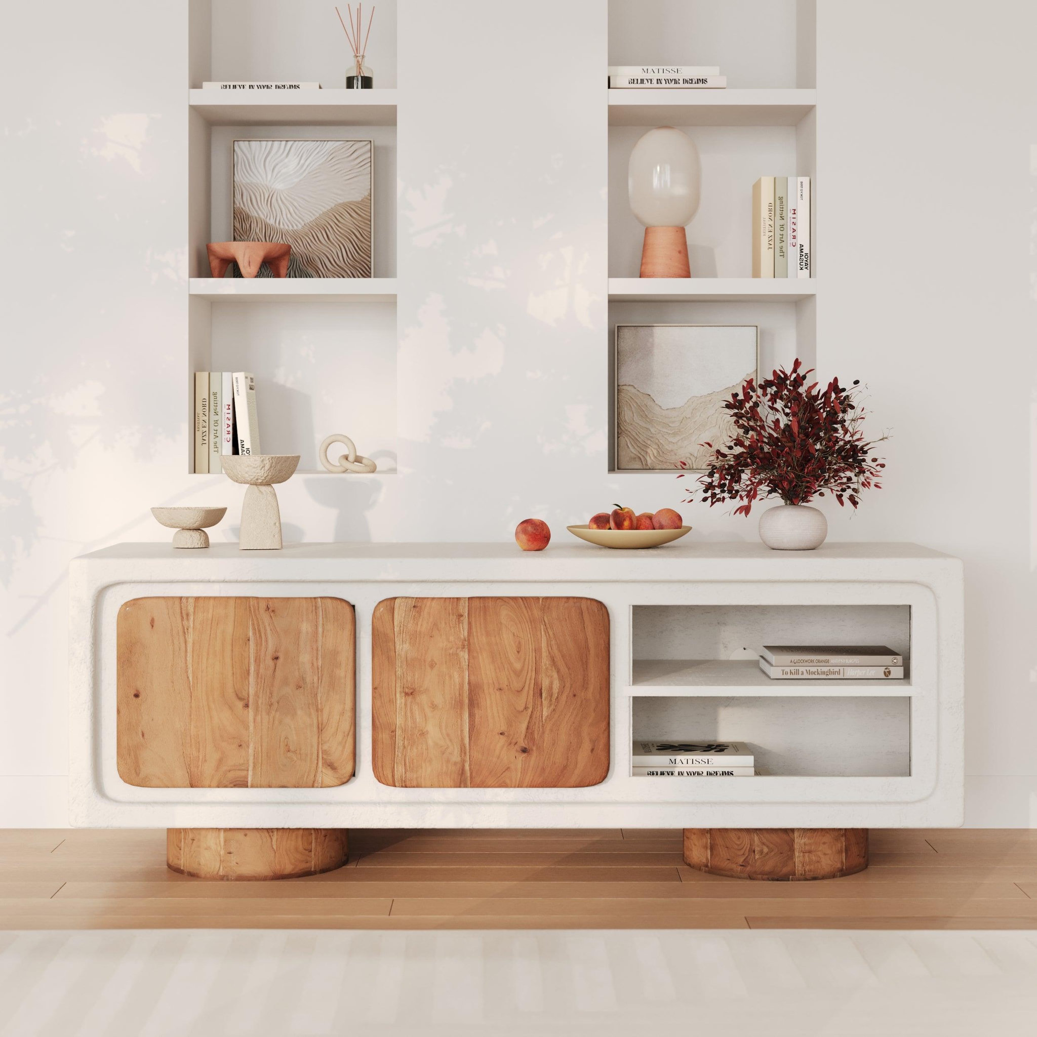 Voir la diapositive 2 : MAISON PAVANE Meuble tv en béton blanc cassé et bois d'acacia 150 cm-eden