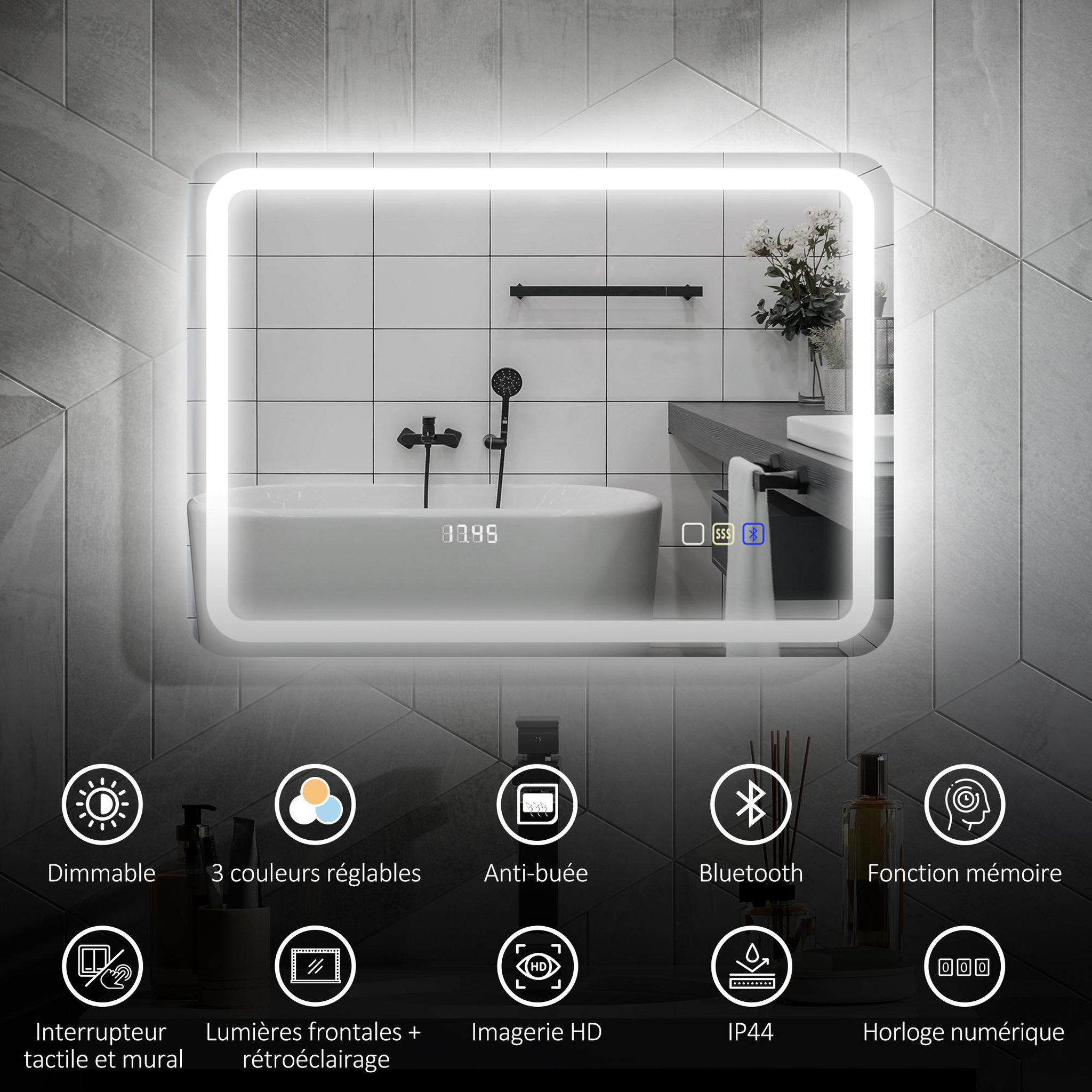 Voir la diapositive 6 : HOMCOM Miroir lumineux led salle de bain bluetooth 50x70cm - horloge numérique, antibuée, tactile, réglable - verre trempé 4 mm