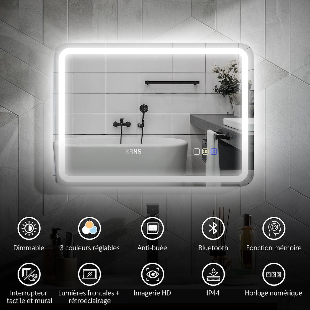 HOMCOM Miroir lumineux LED salle de bain Bluetooth 50x70cm - horloge numérique, antibuée, tactile, réglable - verre trempé 4 mm