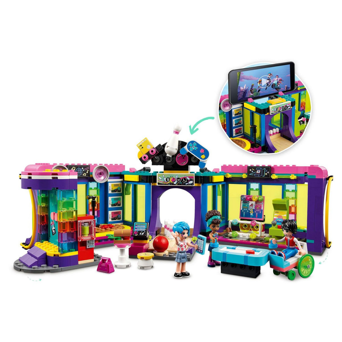 LEGO Friends 41708 La Salle d&rsquo;Arcade Roller Disco, Jouet, Mini-poupées, Enfants de 7 Ans
