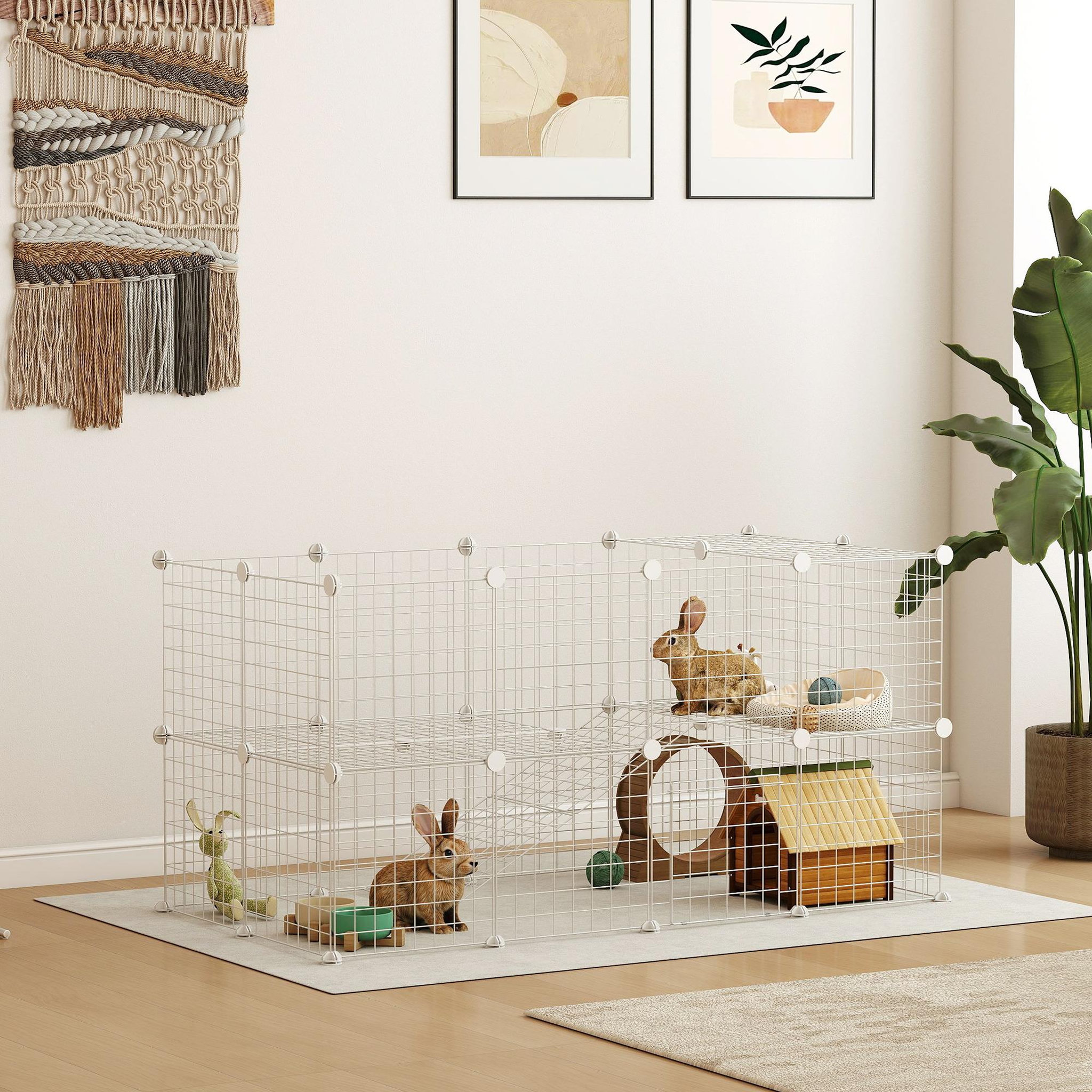 Voir la diapositive 2 : PAWHUT Cage parc enclos pour animaux domestiques l 146 x l 73 x h 73 cm modulable 2 niveaux 36 panneaux bords arrondis fil métallique blanc