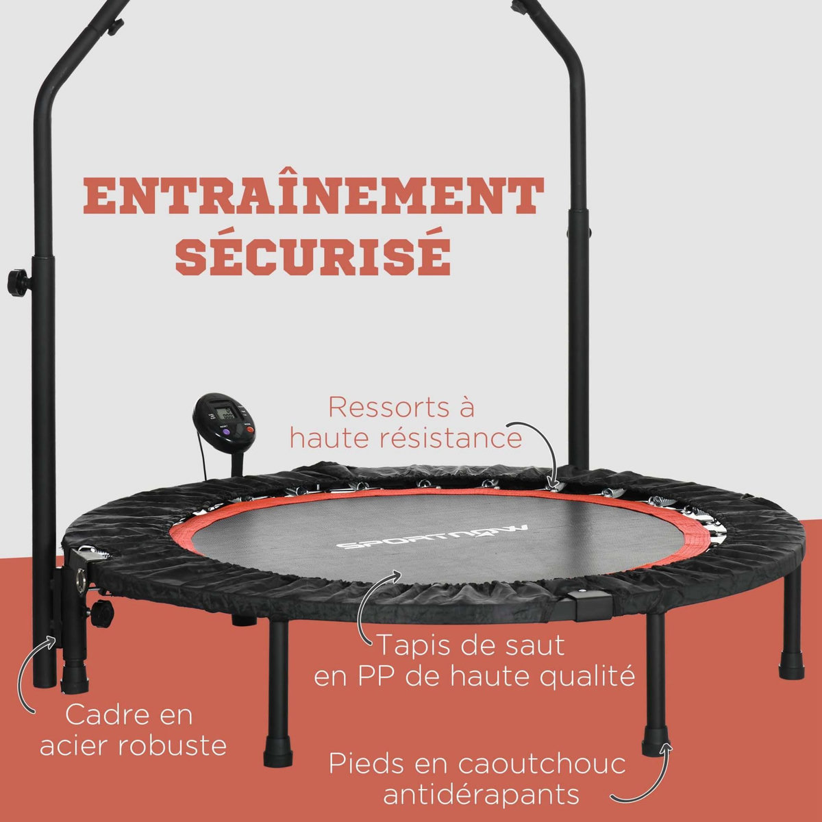 HOMCOM Trampoline de Fitness gym pliable - poignée réglable, écran LCD, 28 ressorts - Ø 102 cm - noir rouge