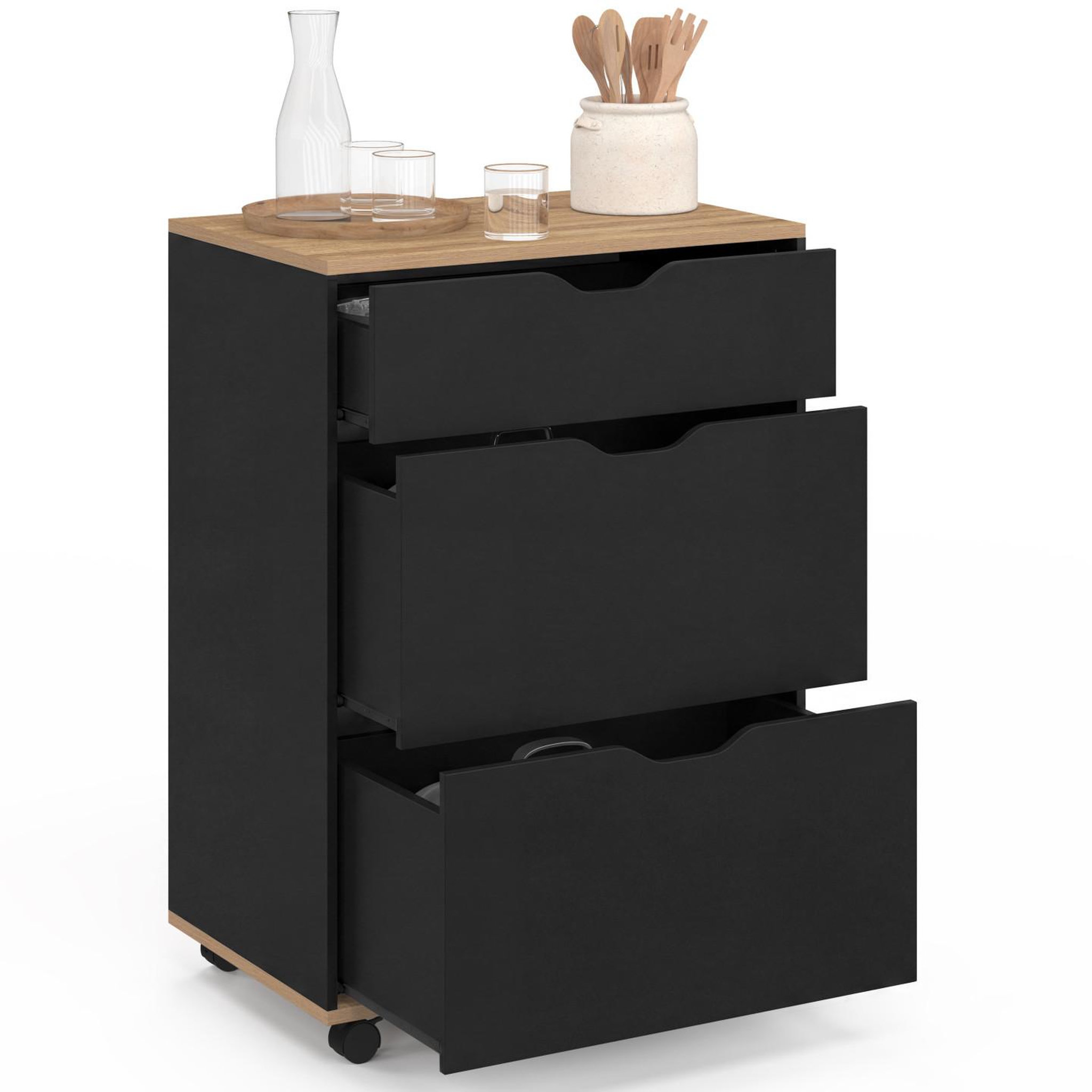 Voir la diapositive 4 : ID MARKET Desserte de cuisine cosy 3 tiroirs casserolier bois noir et plateau façon hêtre l. 60 cm