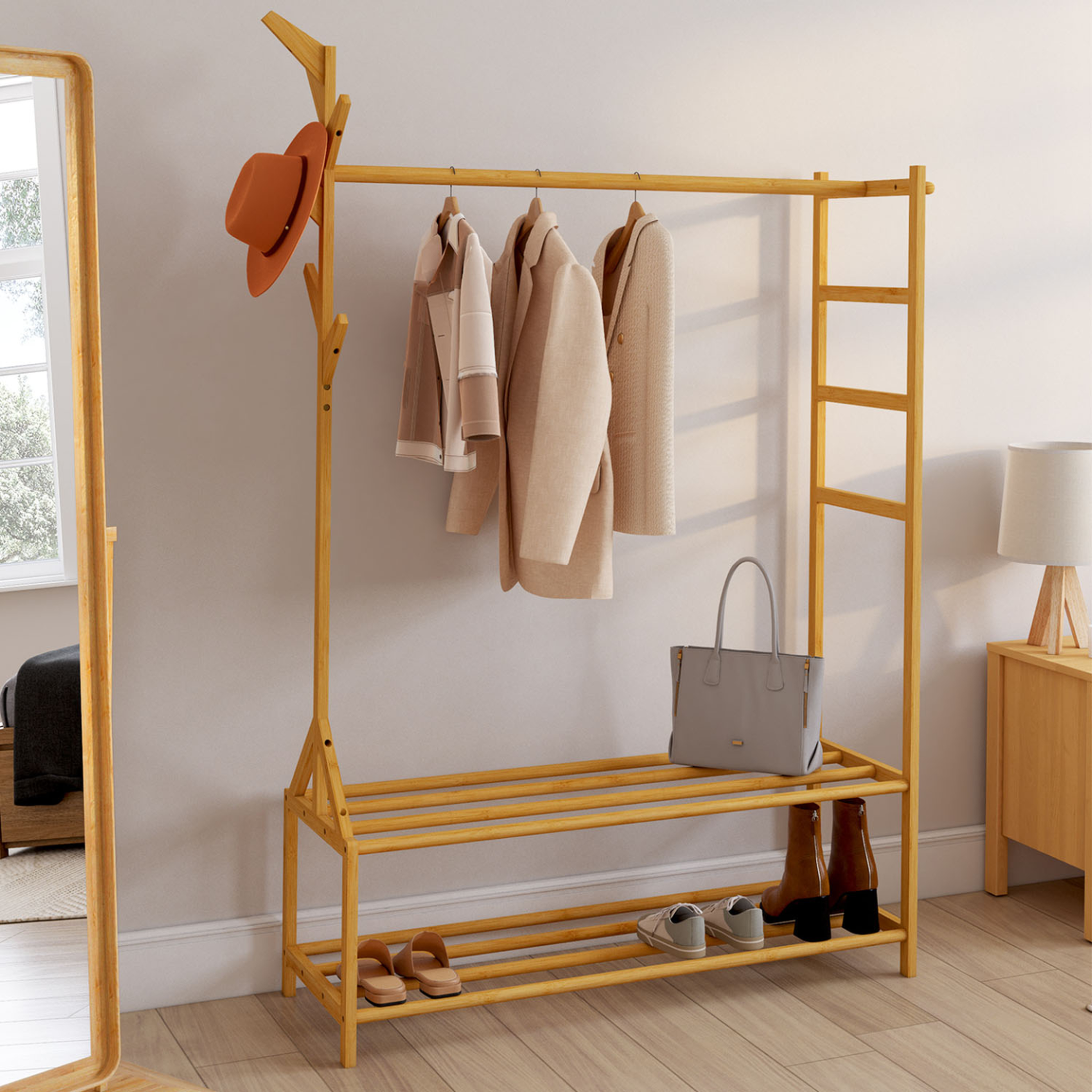 Voir la diapositive 2 : ID MARKET Portant vêtements bambou RITA avec porte-manteaux et étagères