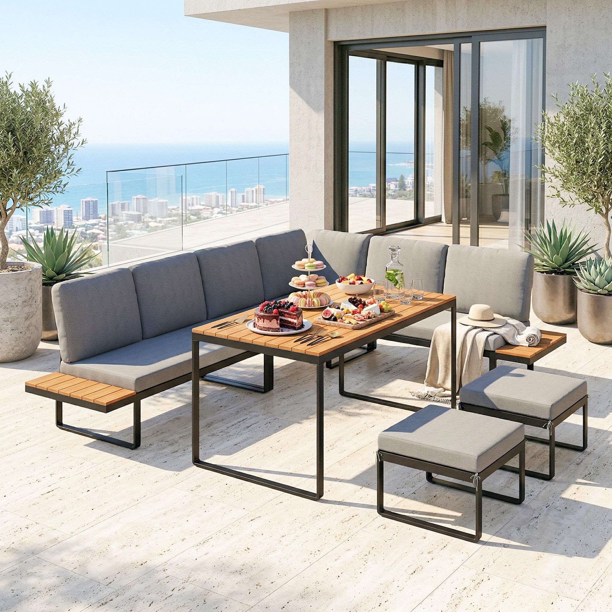 Voir la diapositive 2 : OUTSUNNY Salon de jardin design alu noir bois composite 6-8 pers. Modulable
