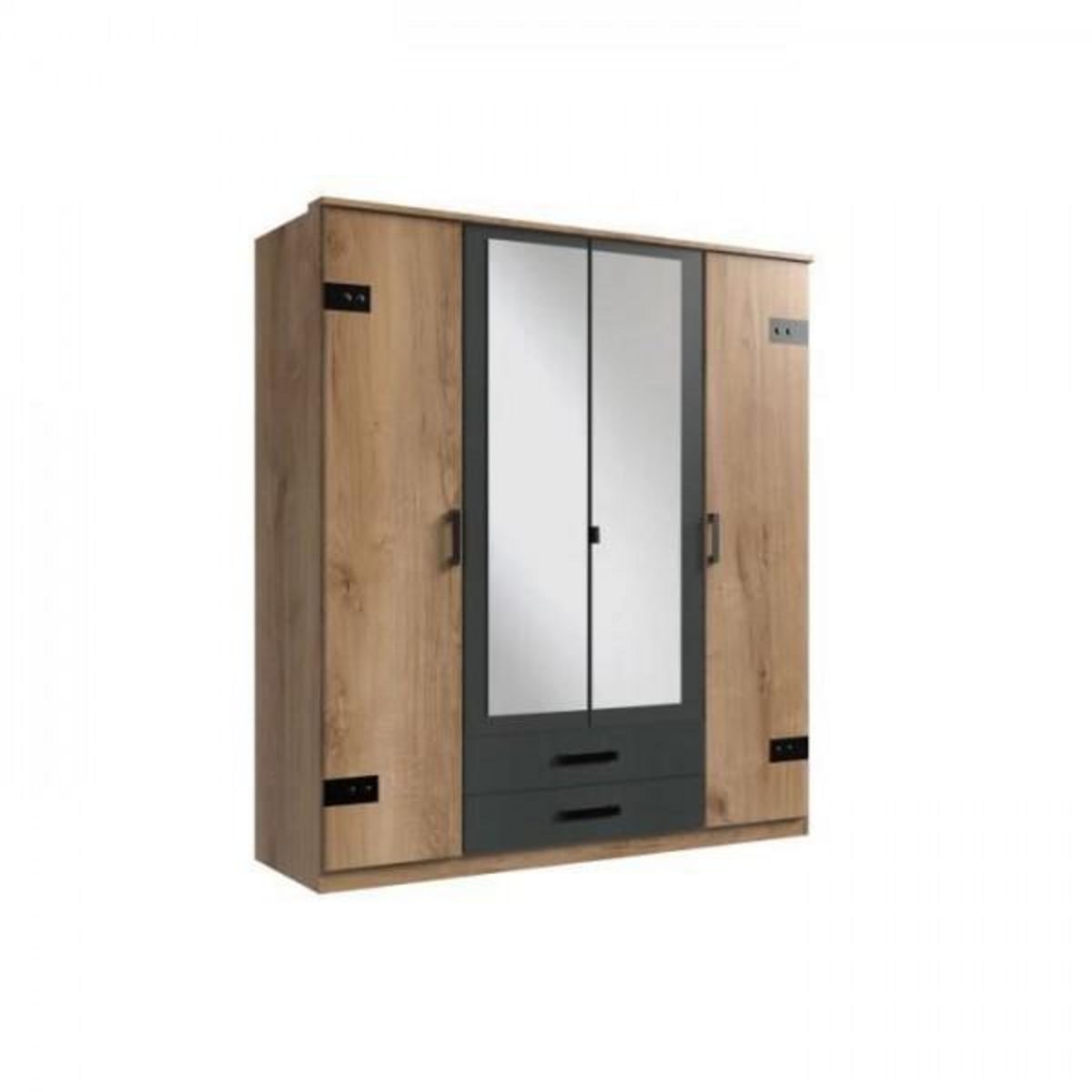 MARKET24 Armoire CORFOU - Décor Chene et gris anthracite + Miroirs - 4 portes battantes - 2 tiroirs - L180 x P58 x H199 cm