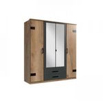 MARKET24 Armoire CORFOU - Décor Chene et gris anthracite + Miroirs - 4 portes battantes - 2 tiroirs - L180 x P58 x H199 cm